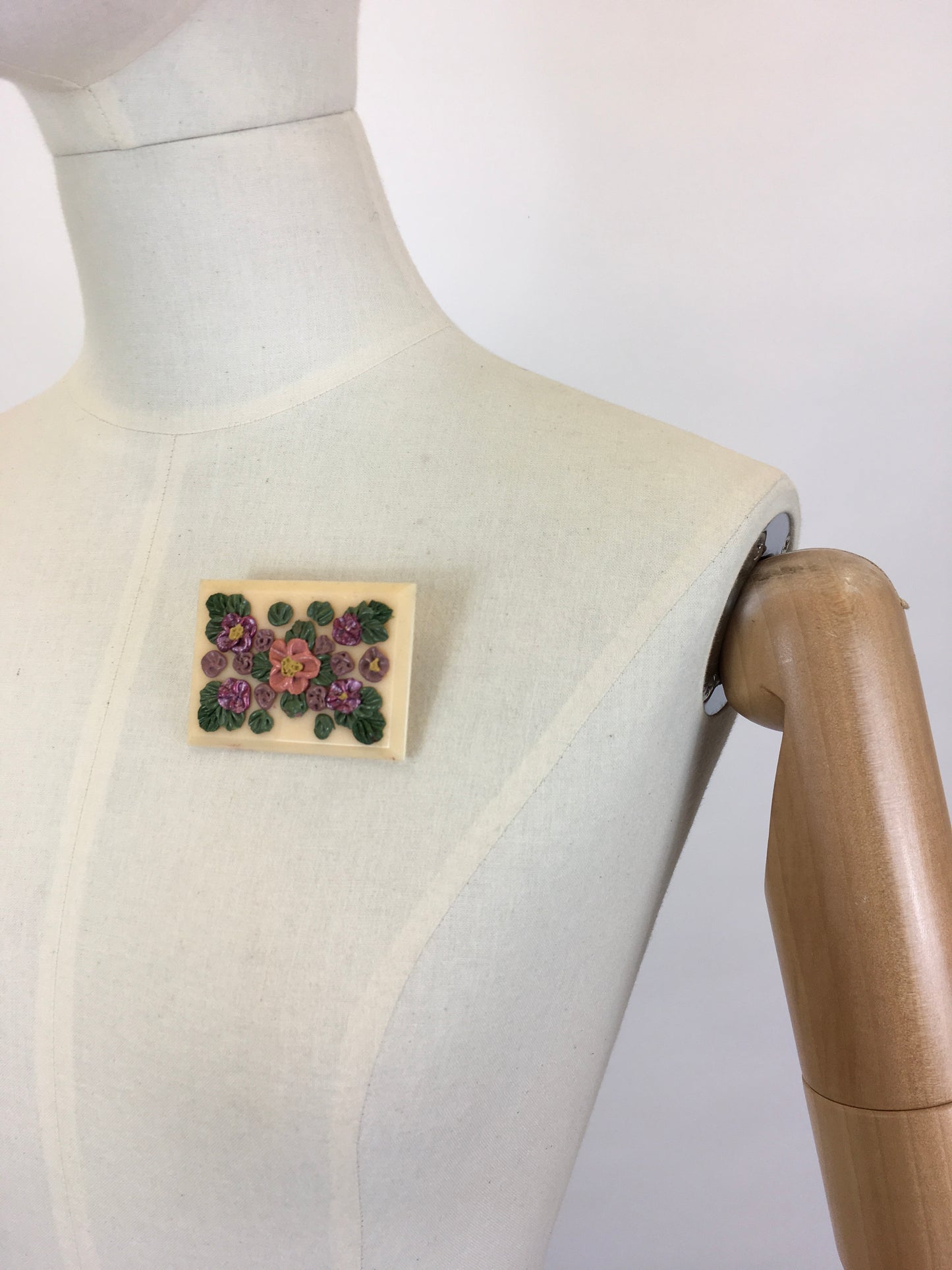 Original 1940’s Beautiful Soft Pink Lucite Brooch - With Hand-painted Flowers in Pinks, Violets and Green