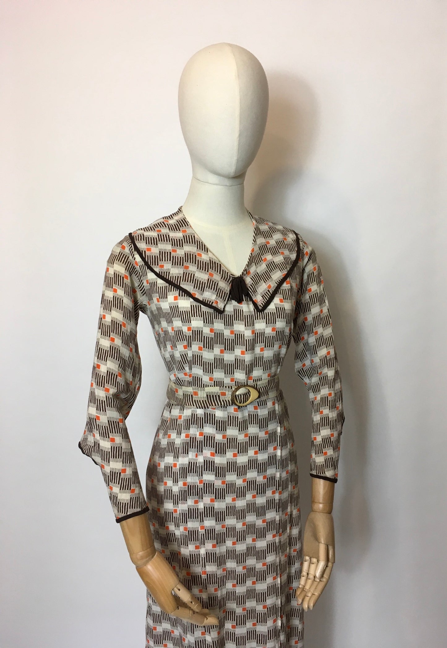 Original 1930’s Day Dress in an Amazing Geometric / Cigarette Print Dress in Browns, old Creams and deco Oranges - Festival Of Vintage Fashion Show Exclusive