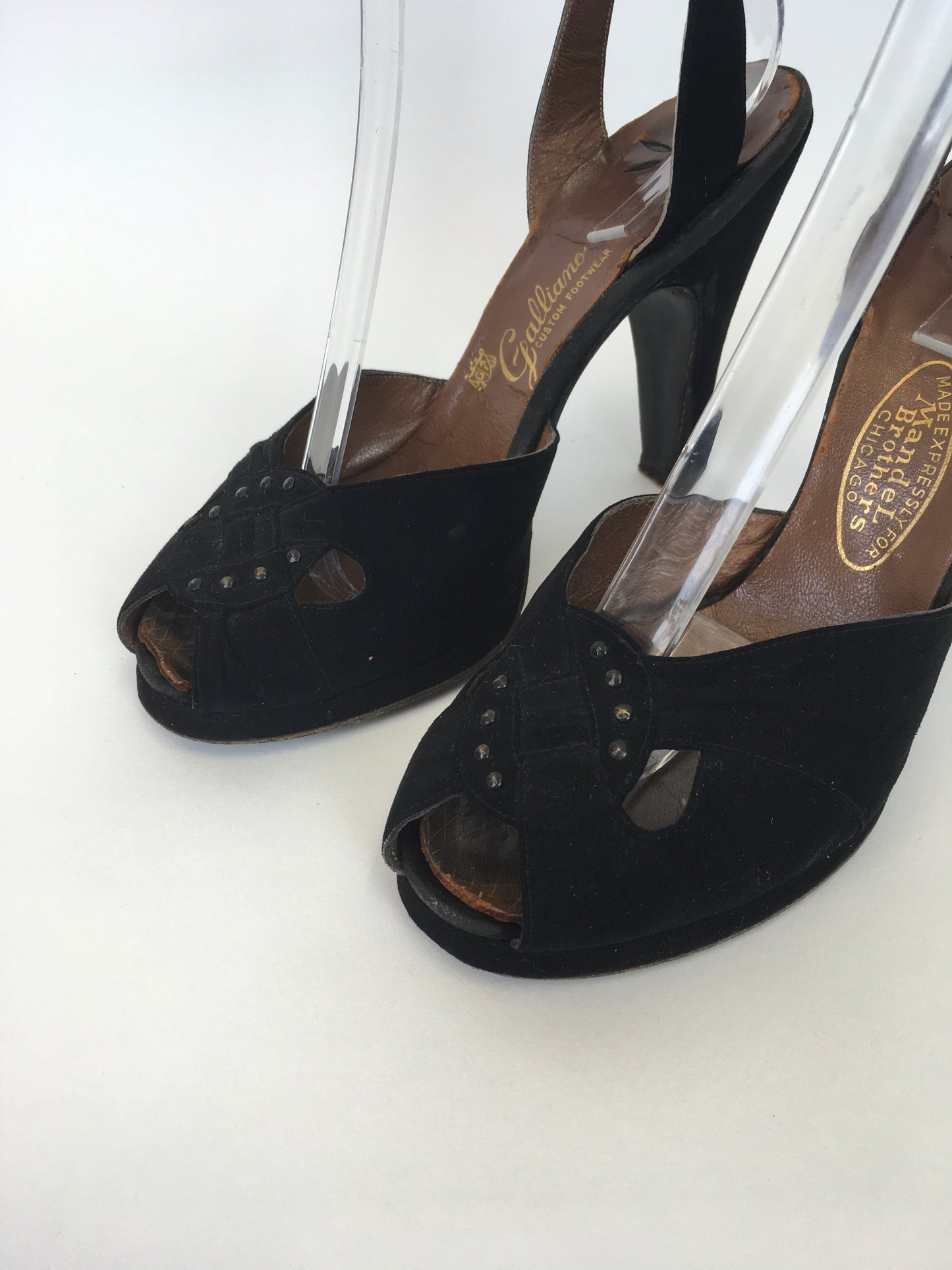 Original 1940s Black Suede Heels - With Peep toe Front Detailing and Buckled Ankle Strap