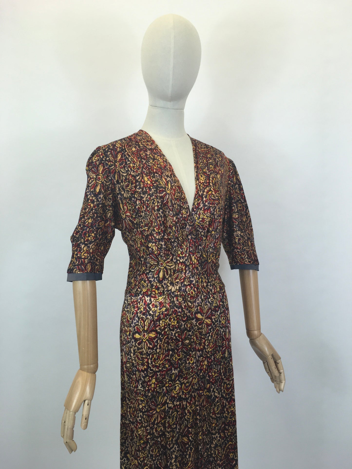 Original 1940’s STUNNING Rayon Jersey Dress AS IS - In Reds, Purples, Yellows & Navy