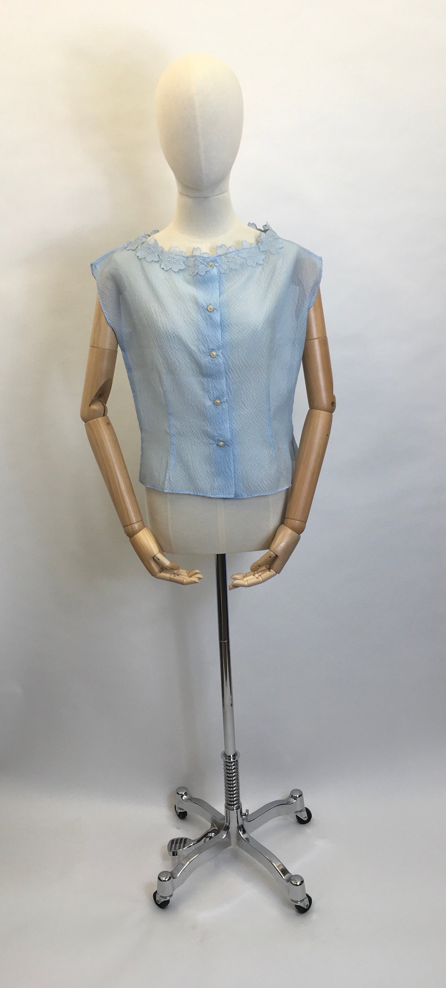 Original 1950’s Sheer Blouse in a lovely Powder Blue - Featuring Floral Detailing to the Neckline