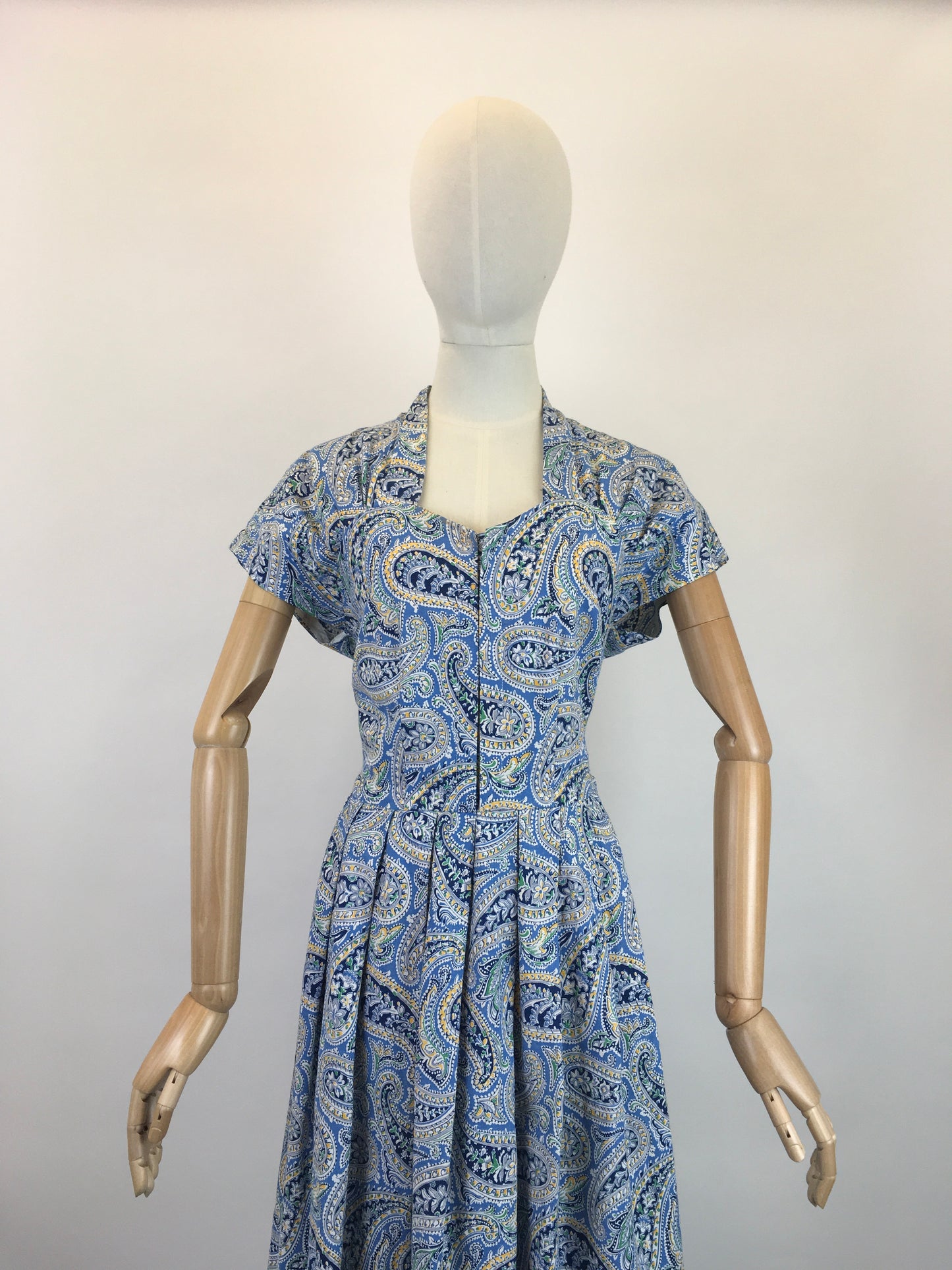 Original Late 1940’s Early 1950’s Cotton Day Dress - In A Paisley Print in Powder Blue, Navy, Yellow and Bottle Green