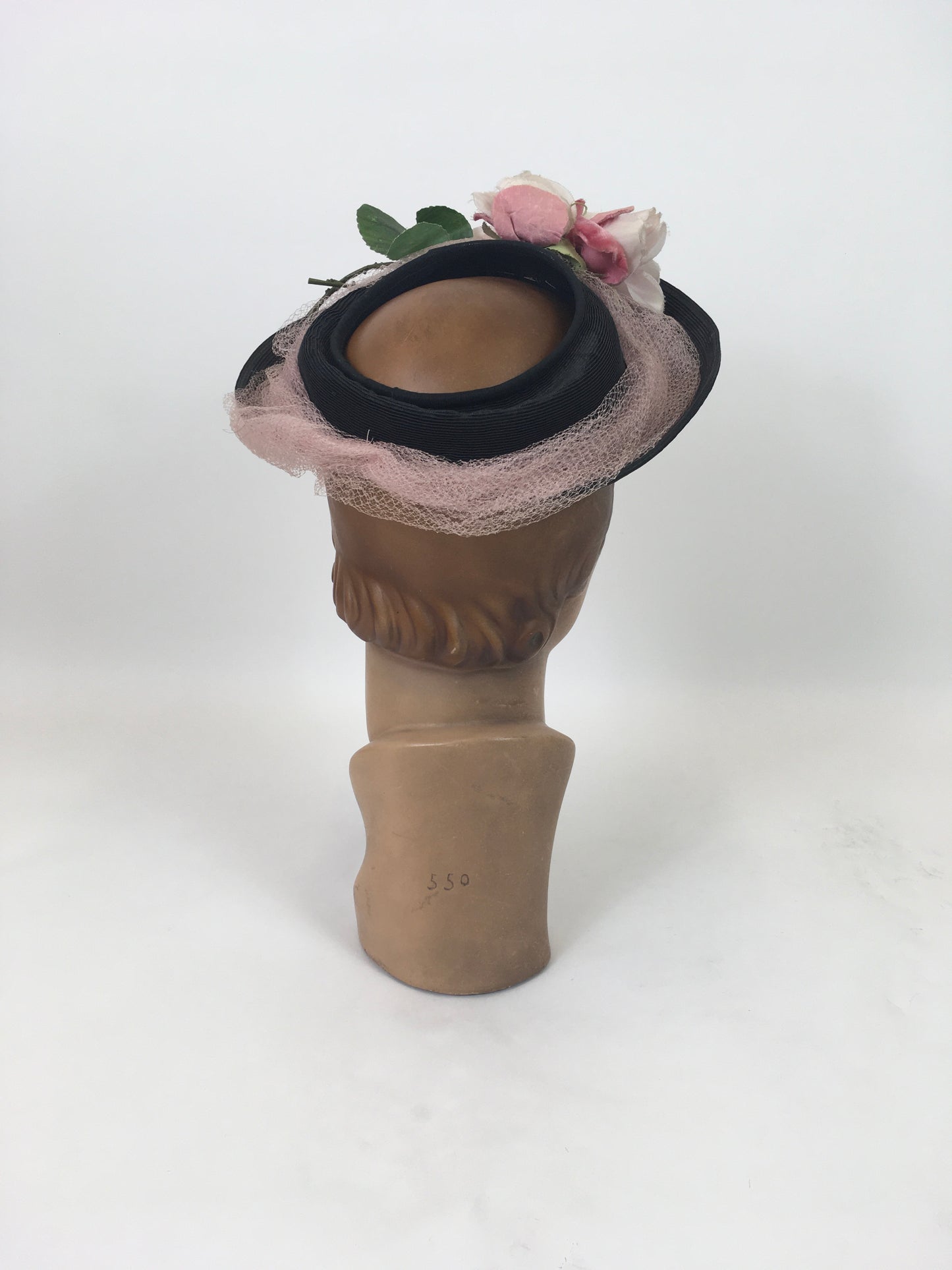 Original 1930's / 1940's Open Crown Hat - In Black with Original Floral Velvet Millinery Adornments