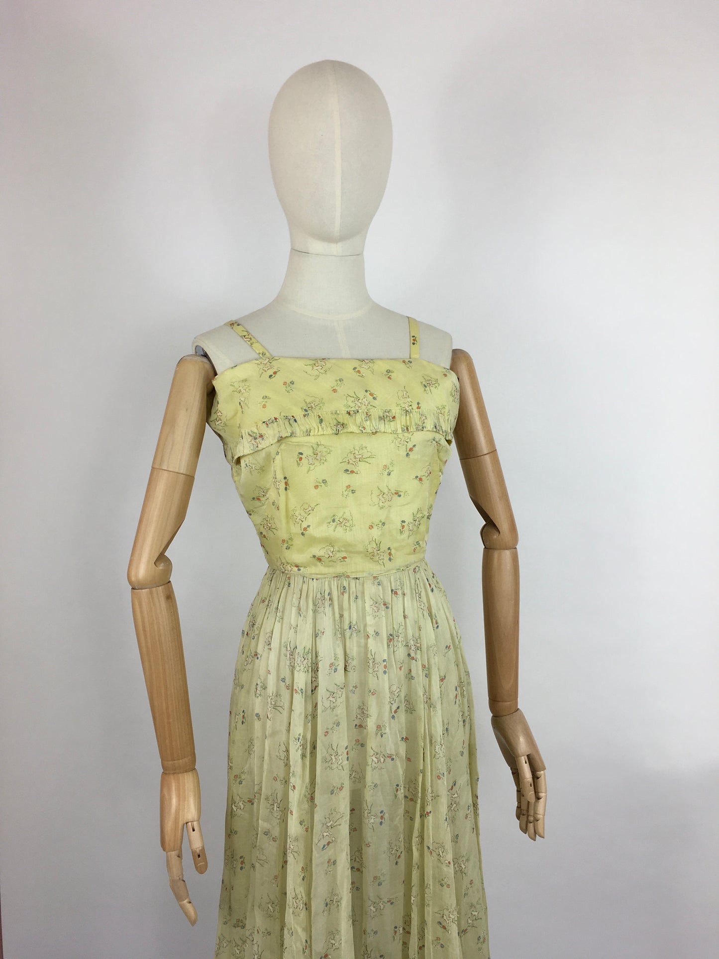 Original 1930s Sundress - In an Amazing Novelty Print Featuring Leaping Lambs and Toadstools On a Pale Lemon Cotton Lawn
