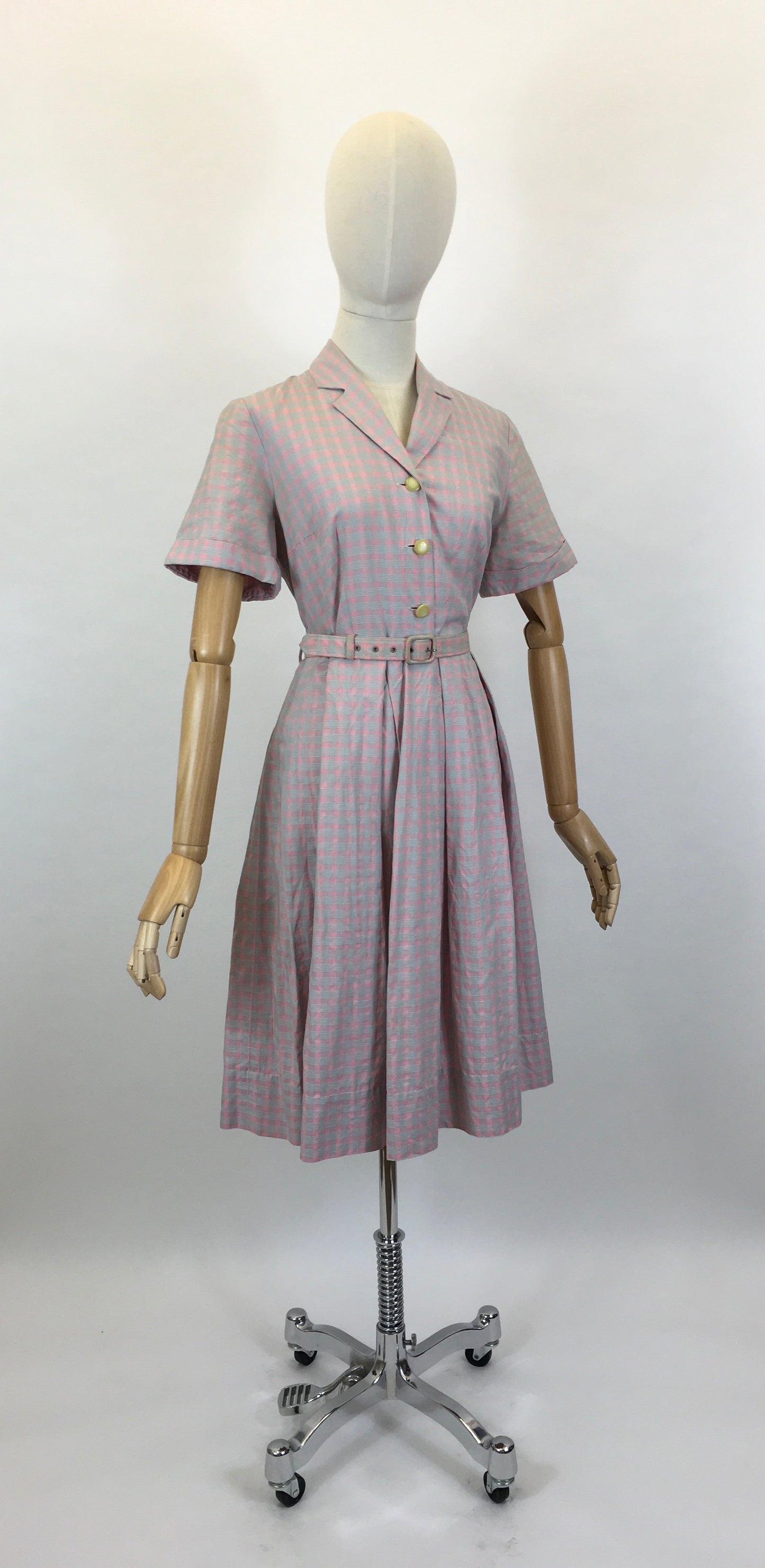Original 1950’s Darling Cotton Day Dress - In A Muted Pink & Grey Check