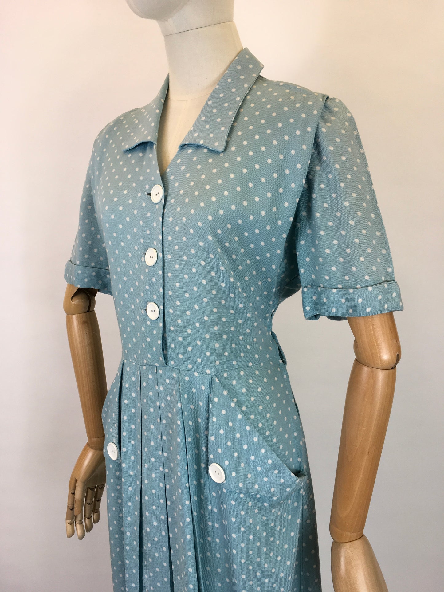 Original 1940’s STUNNING Day Dress - In A Soft Duck Egg Polka Dot Moygoshal Linen