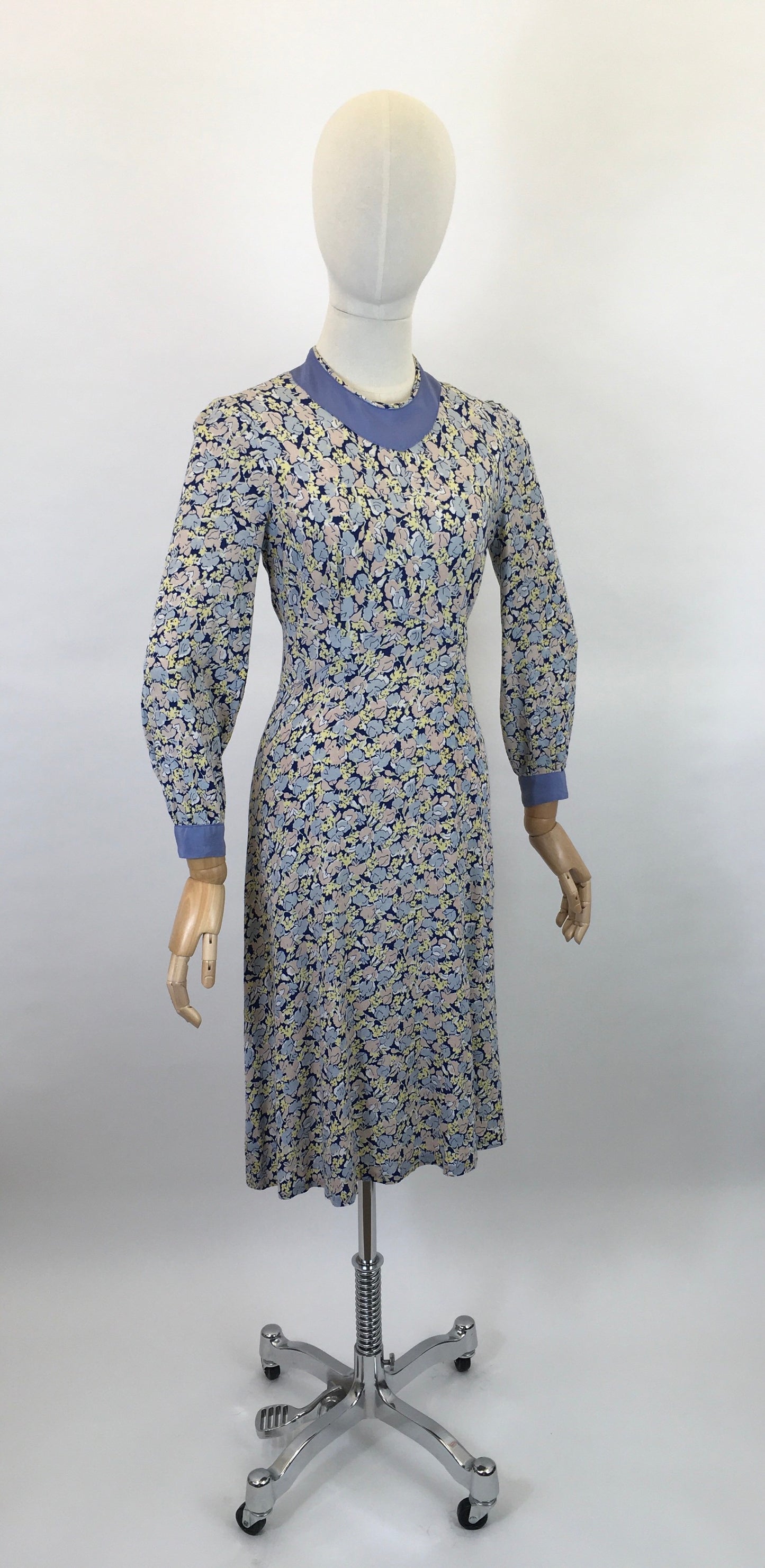 Original 1930’s Crepe Floral Day Dress - In A Pallet of Soft Pastels : Powdered Blue, Delicate Rose and Buttery Yellow