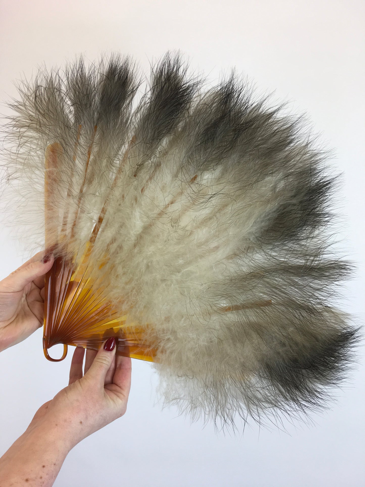 Original 1930's Amazing Feather Fan - With 20 Guards and Sticks in Amber Coloured Early Plastic