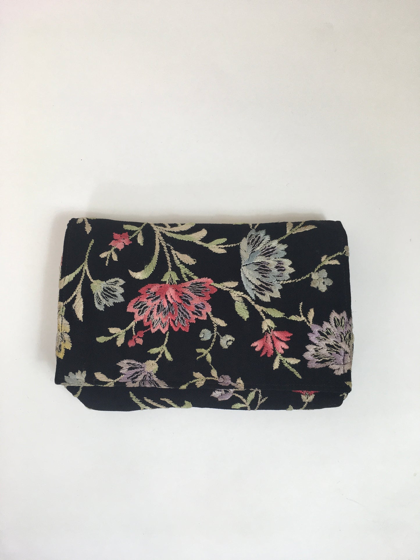 Original 1930's Exquisite Embroidered Crepe Clutch Handbag - In Black with Lilacs, Pinks, Pale Blues and Green