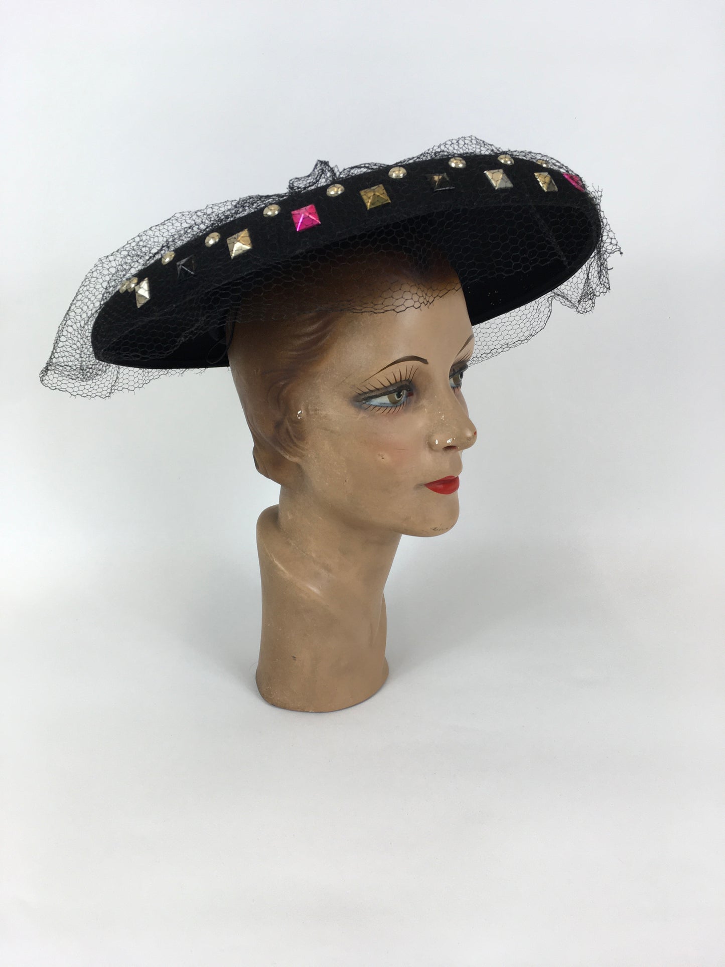 Original 1940’s SHOWSTOPPING Black Platter Hat - With Coloured Stud Work Detailing & Veiling