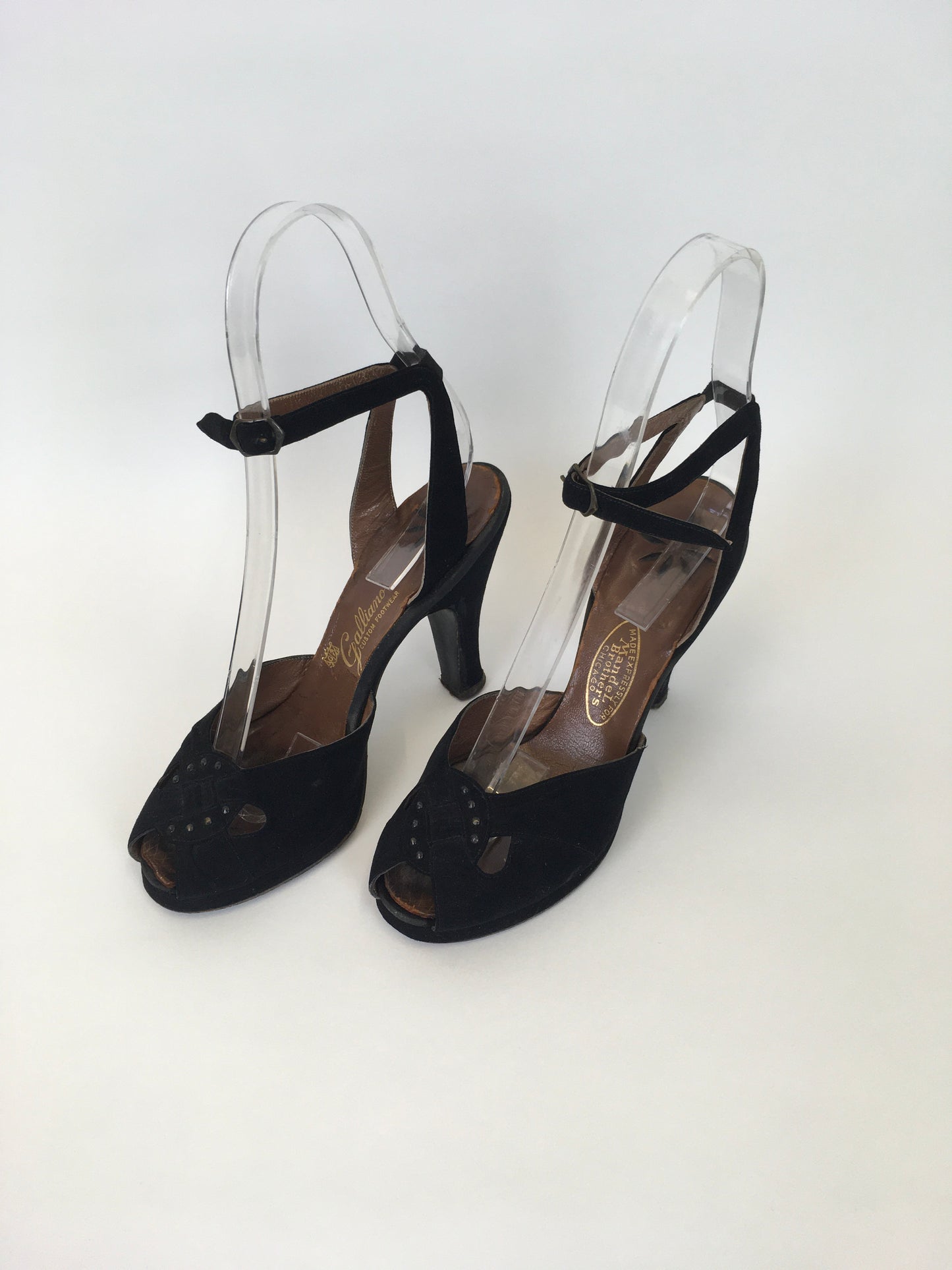 Original 1940s Black Suede Heels - With Peep toe Front Detailing and Buckled Ankle Strap