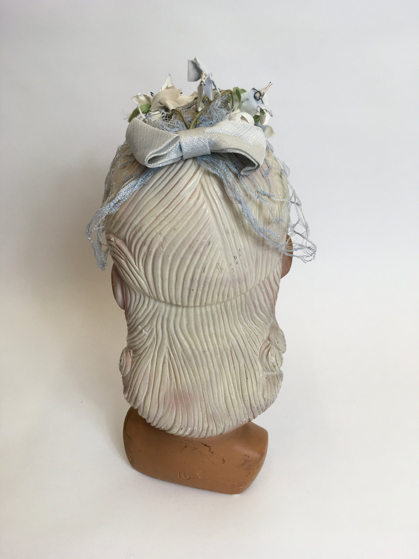 Original late 1940’s early 1950s Headpiece - Powder blue veiling adorned with ivory & green flowers