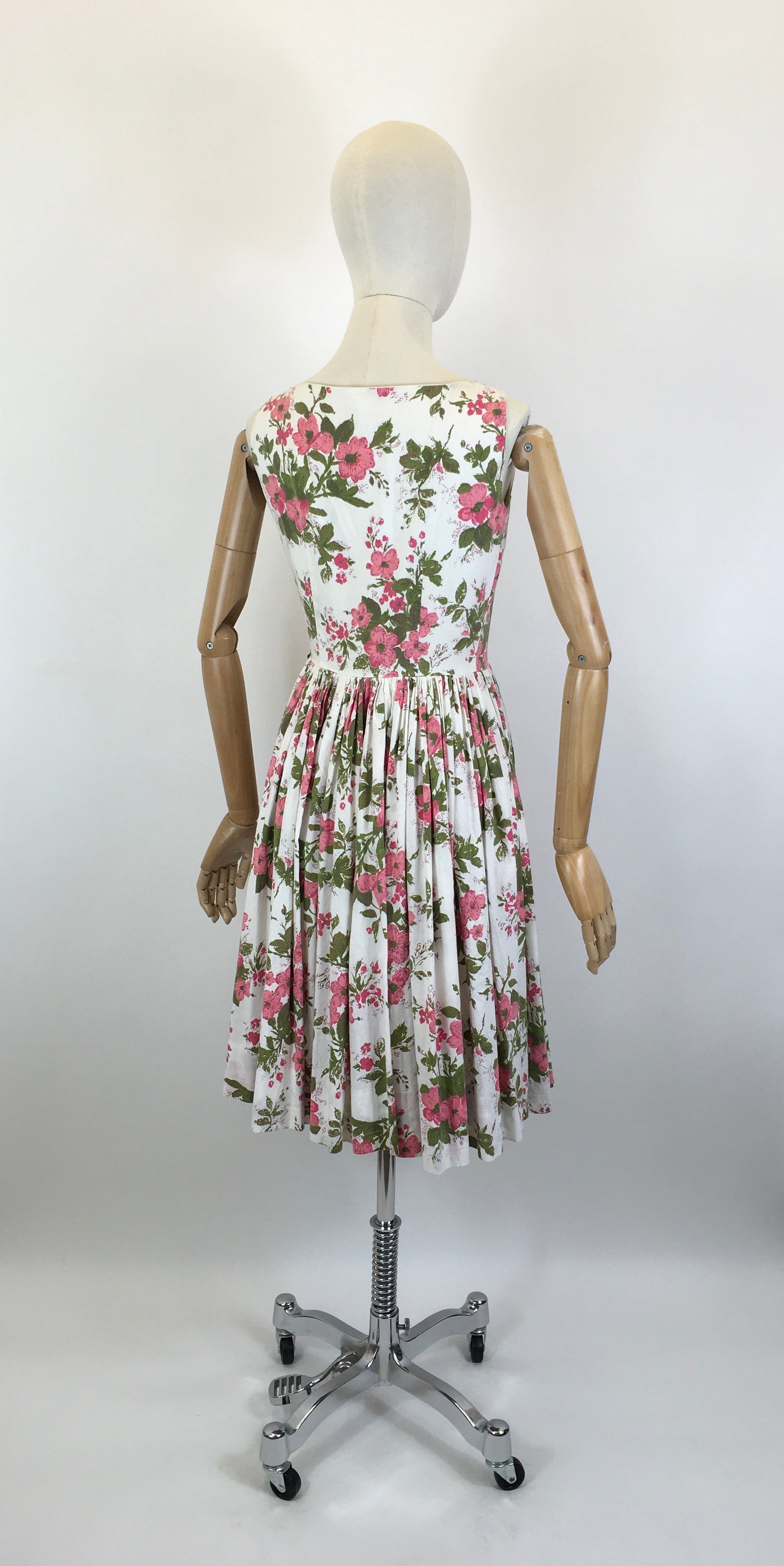 Original 1950’s Darling Cotton Sundress - In A Pink Floral with Green Fauna