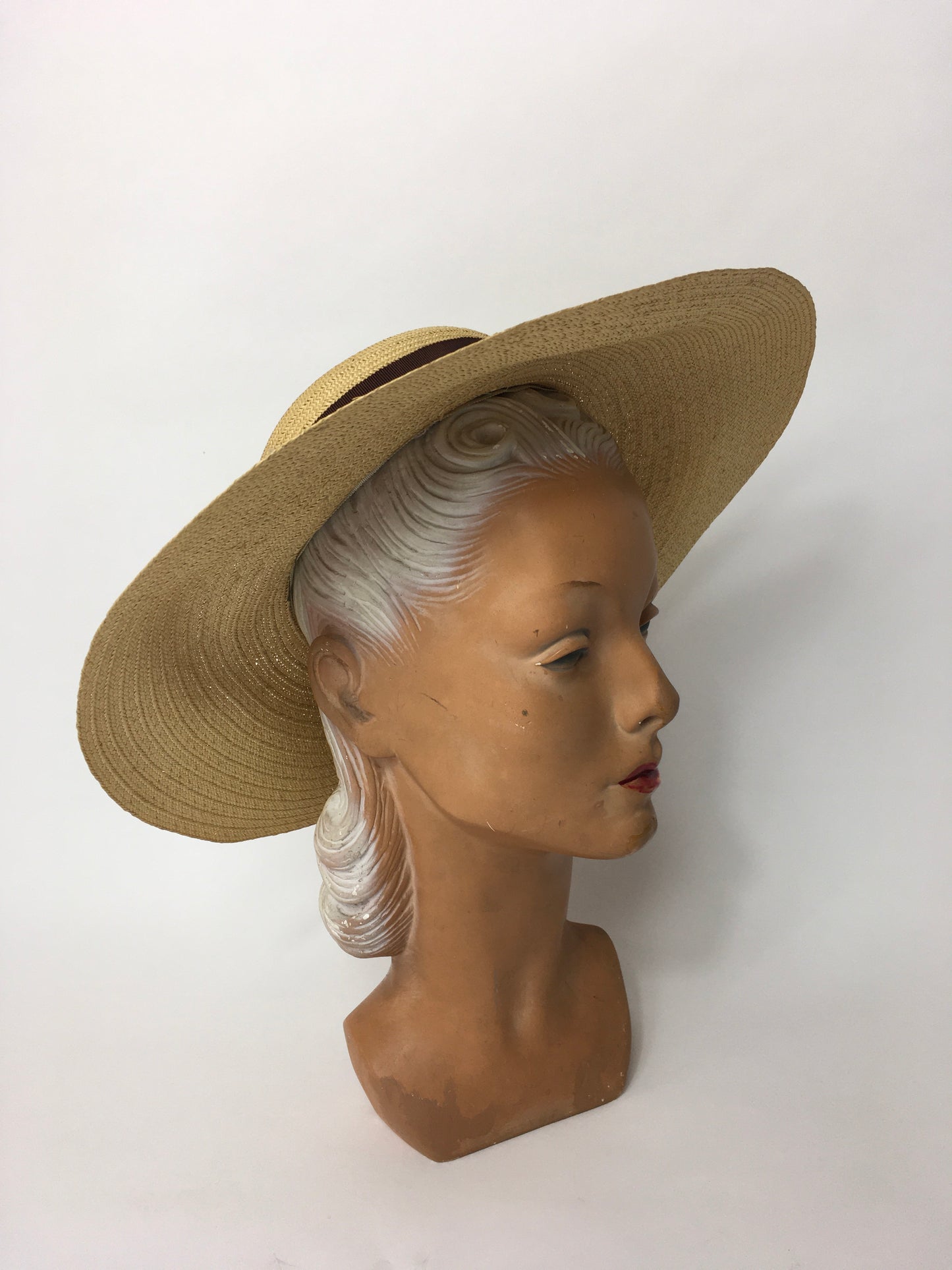 Original 1930’s Straw Hat with Brown Grosgrain Ribbon Trim - A Festival Of Vintage Fashion Show Exclusive