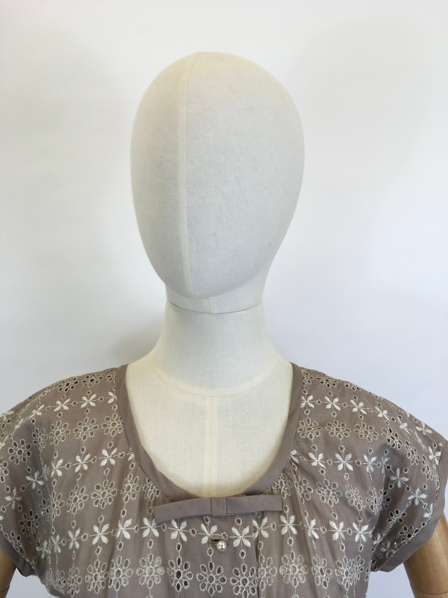 Original 1950’s Darling Broderie Anglaise Cotton Day Dress - In a Soft Fawn with White Accents