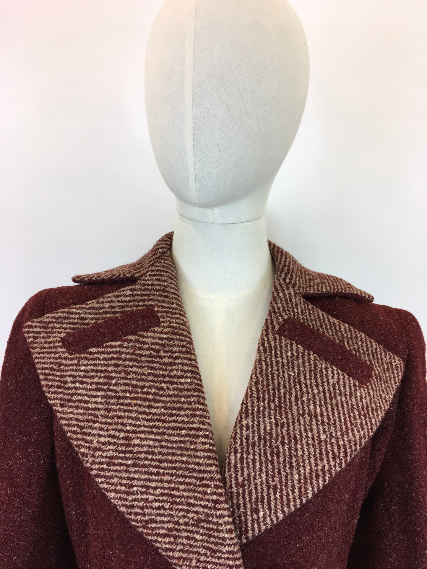 Original 1940’s STUNNING Deep Wine Woollen Coat - With An Impeccable 40’s Silhouette & Detailing