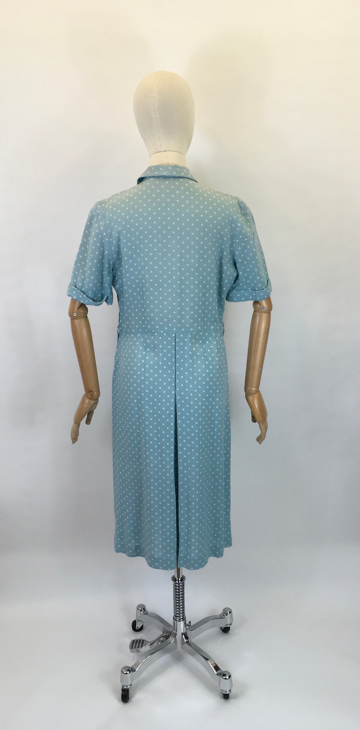Original 1940’s STUNNING Day Dress - In A Soft Duck Egg Polka Dot Moygoshal Linen