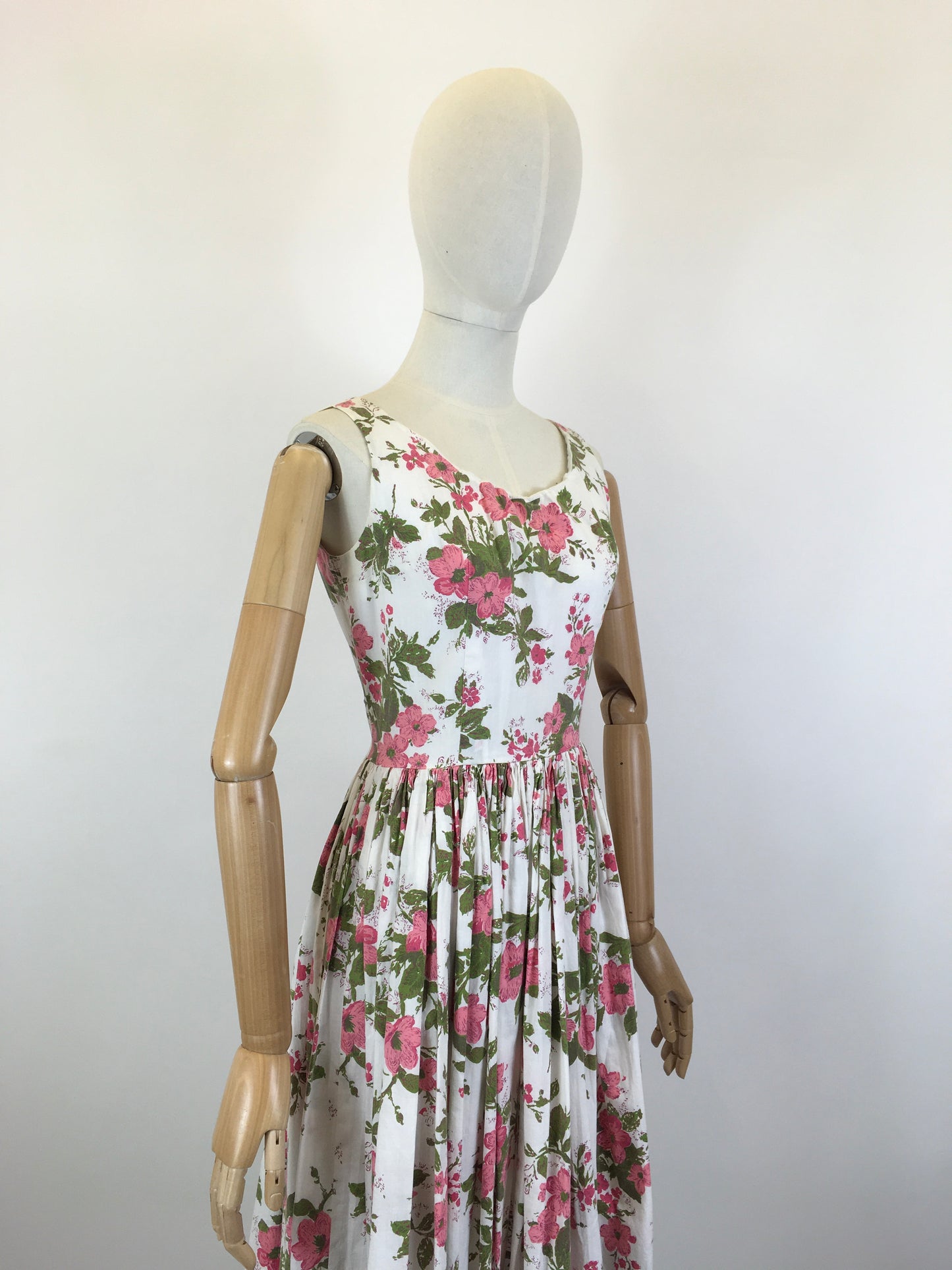 Original 1950’s Darling Cotton Sundress - In A Pink Floral with Green Fauna