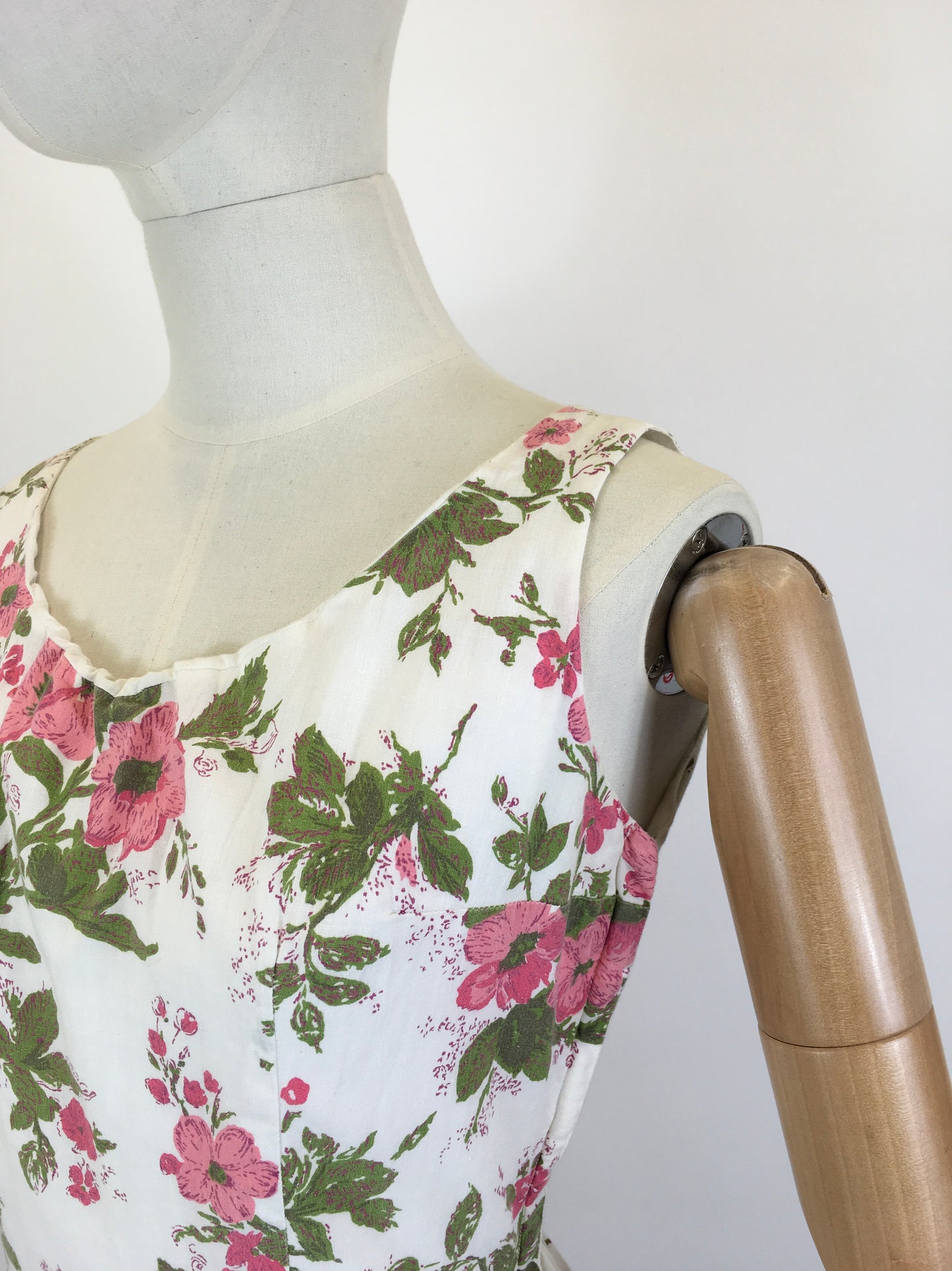 Original 1950’s Darling Cotton Sundress - In A Pink Floral with Green Fauna