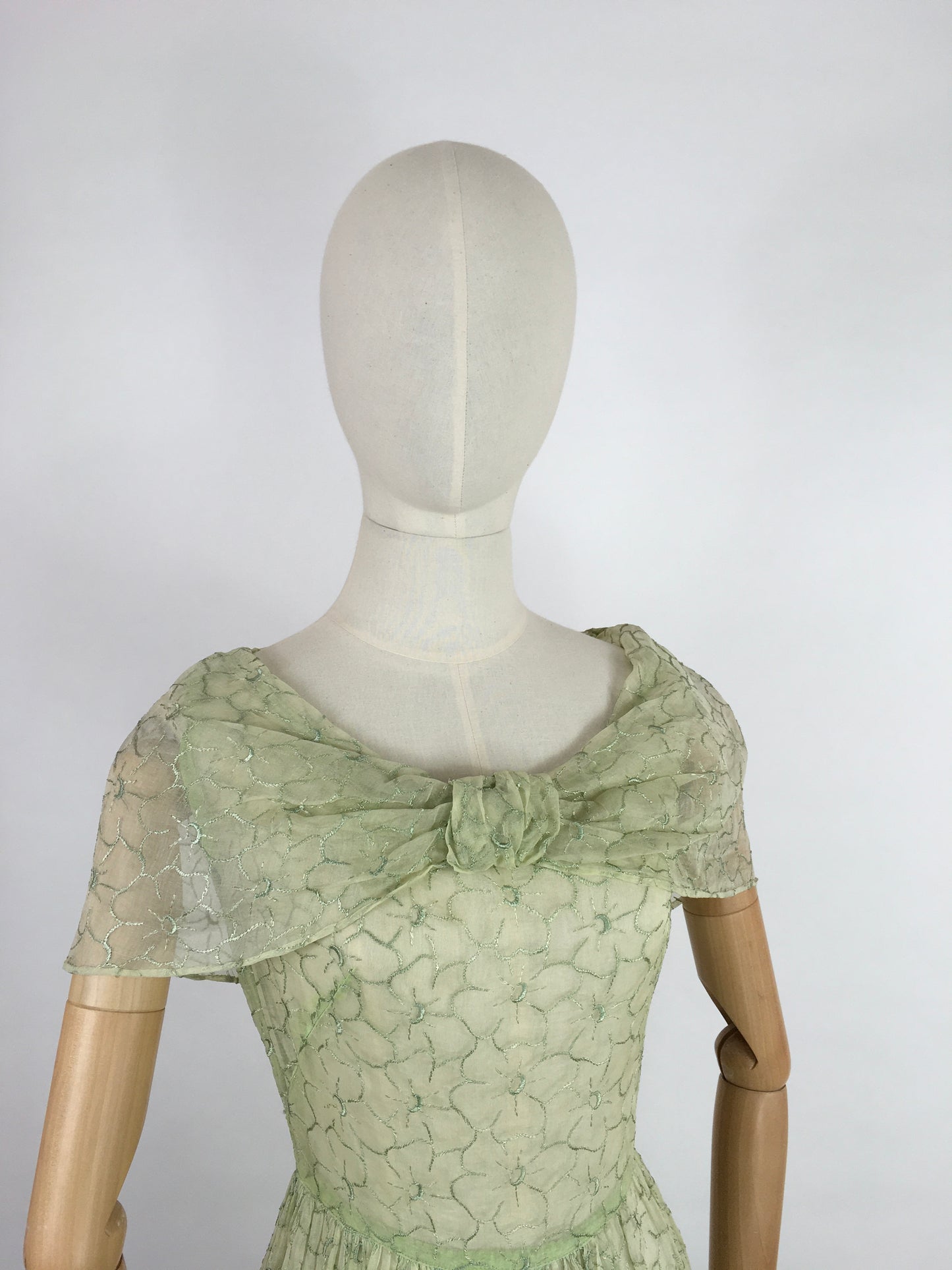 Original 1930s Full Length Summer Dress - In a Beautiful Soft Green Embroidered Cotton Lawn