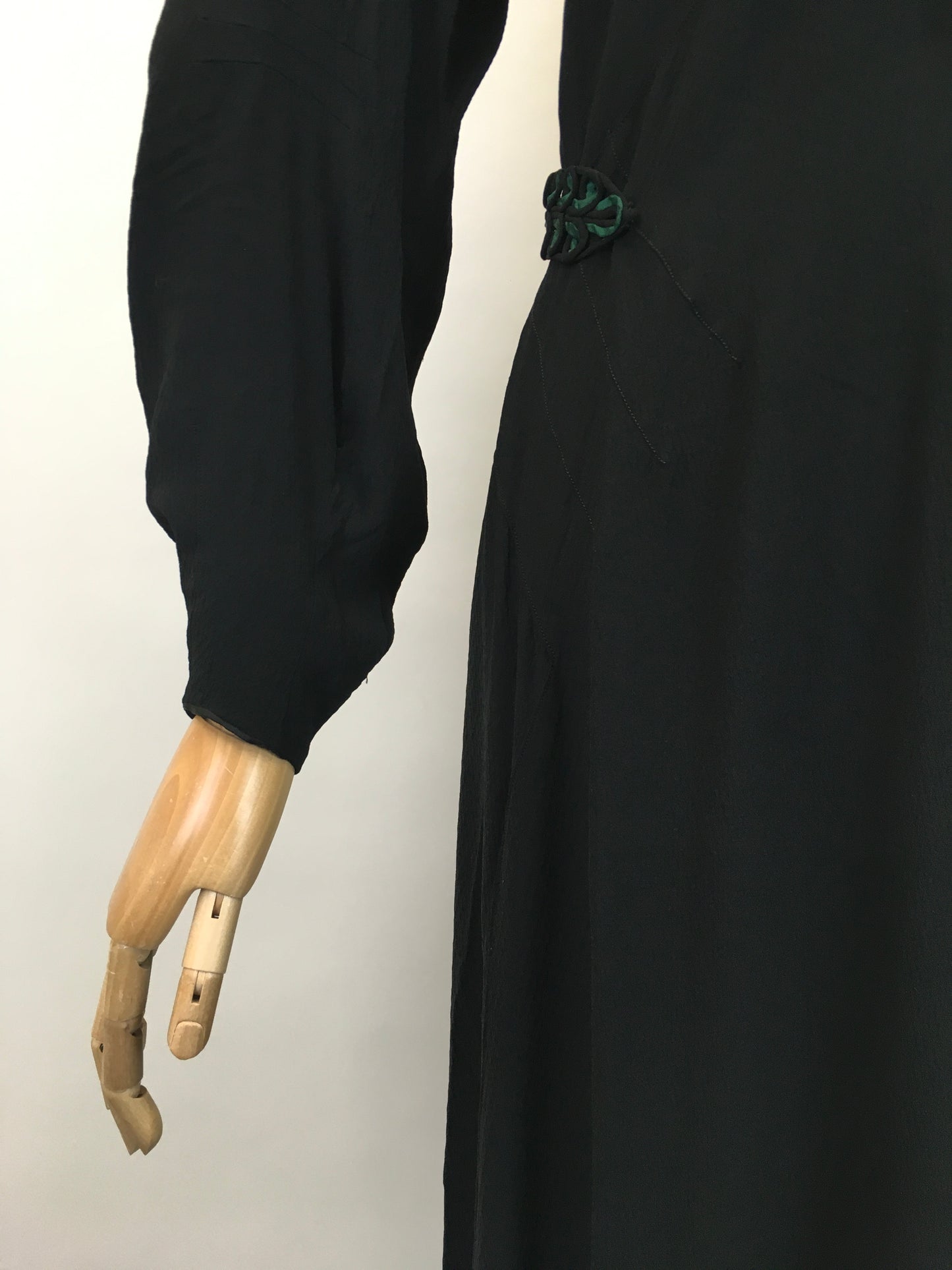 Original 1930's Sensational Evening Dress in Sheer Crepe - In Inky Black with Bottle Green Accents