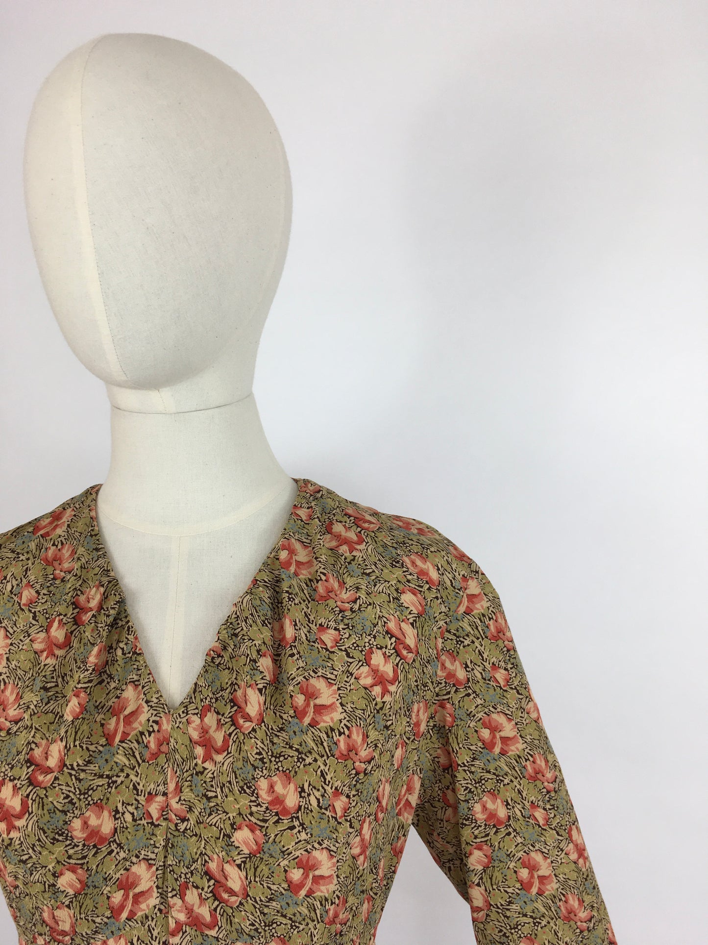 Original 1930s Exquisite Dress - In a Breathtaking Colour Palette Of Warm Rose Pinks and Reds, Tonal Greens and Powder Blues on a Floral Crepe