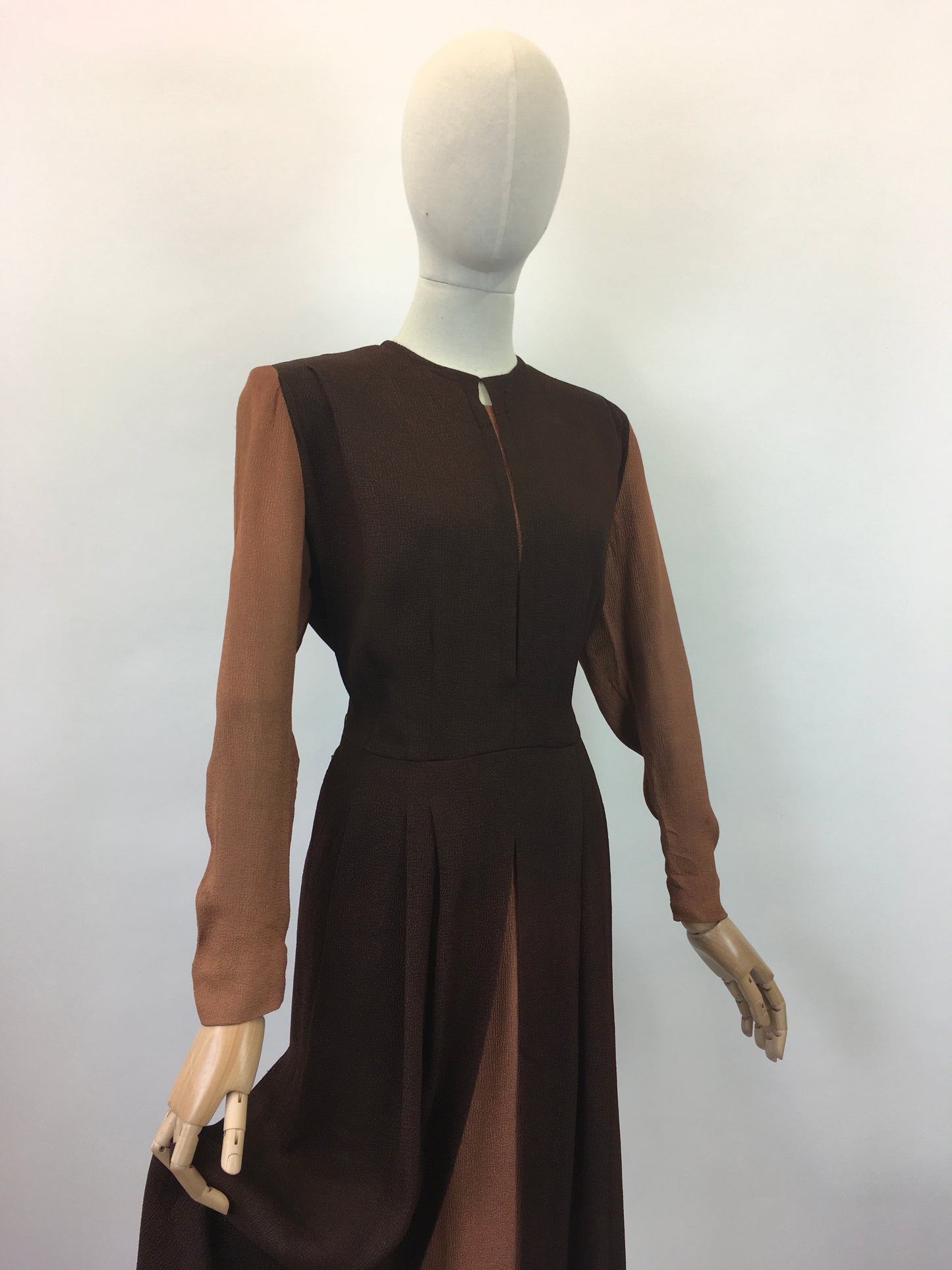Original Sensational Late 1930's Early 1940's Dress - In Chocolate Brown and Warm Cinnamon Waffle Crepe