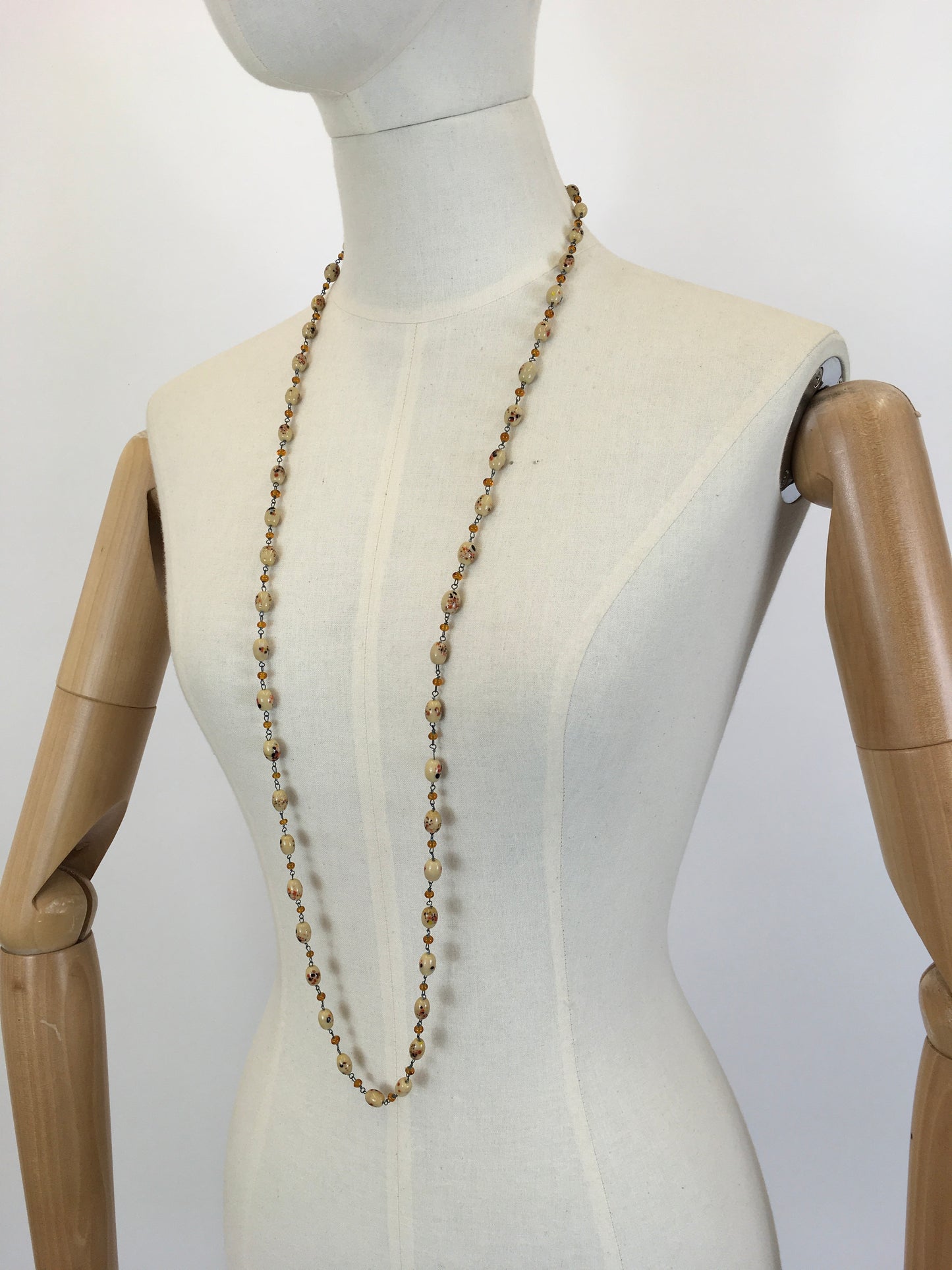Original 1930’s Beautiful Glass Beaded Necklace - In Shades of Cream, Amber & Black Deco Beads