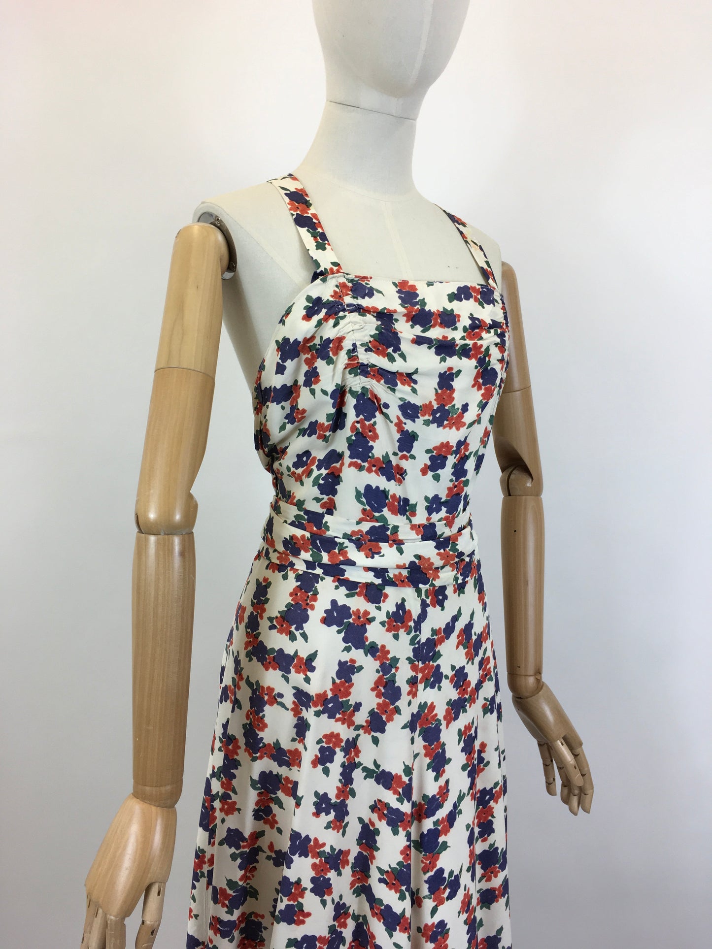 Original Late 1930’s Stunning Evening Gown - Navy & Coral Red Floral Rayon