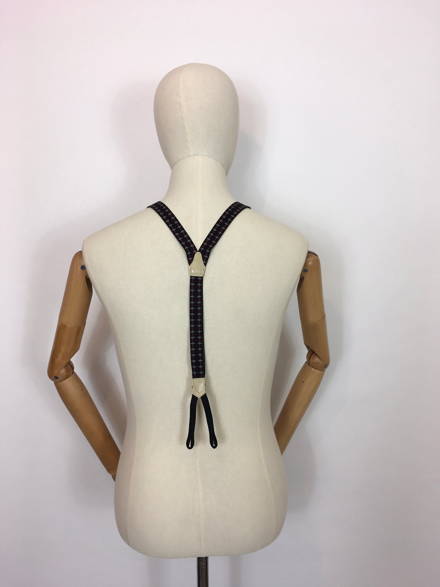 Original Men’s Braided End Button Braces - In A Geometric Print in Black, Red & Greys