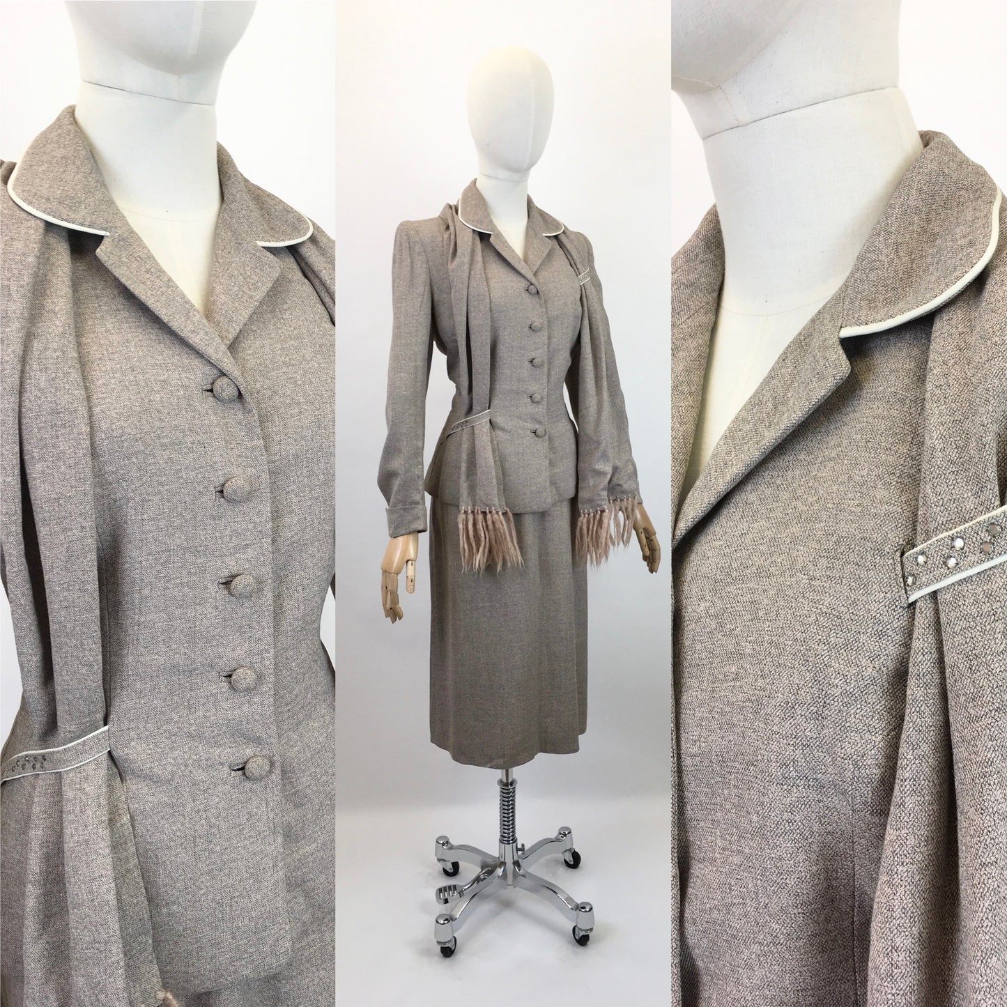 Original 1940's STUNNING 3pc Suit - In Soft Fawn with A Draped Tasselled Scarf