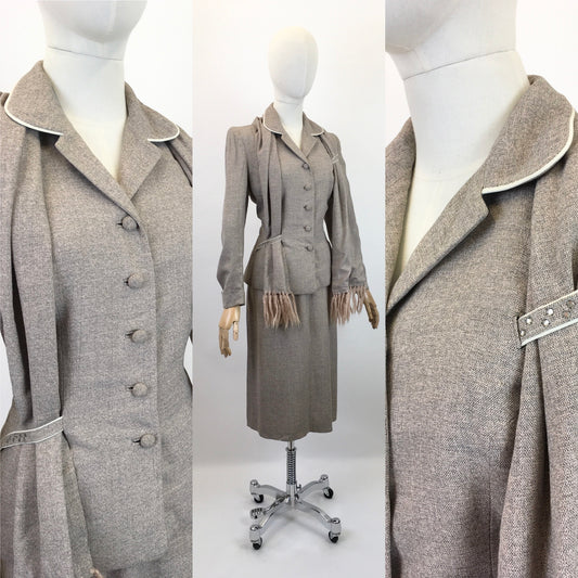 Original 1940's STUNNING 3pc Suit - In Soft Fawn with A Draped Tasselled Scarf