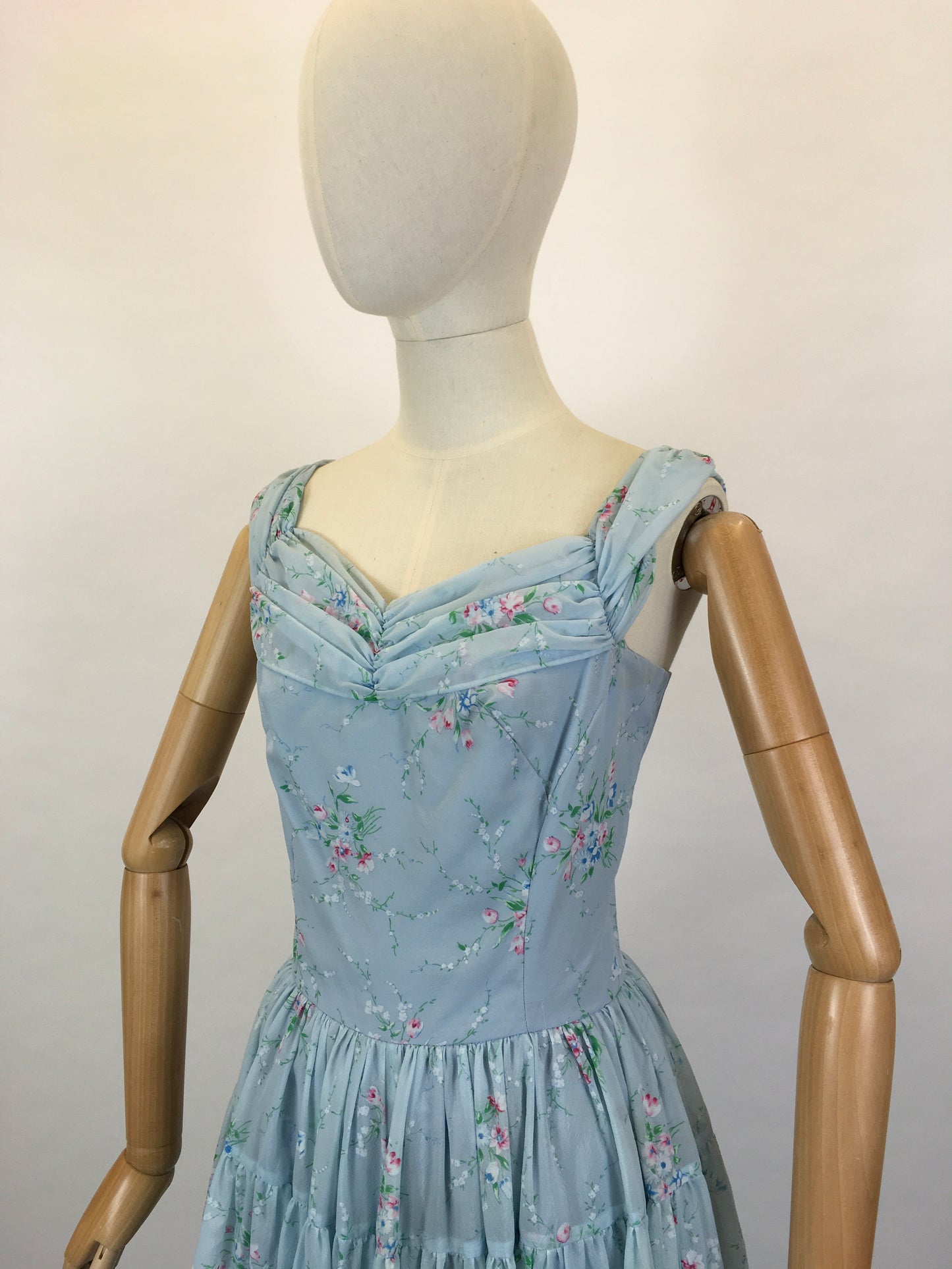 Original 1950’s Darling Full Length Prom Dress - In A Lovely Powder Blue Floral Tulle.
