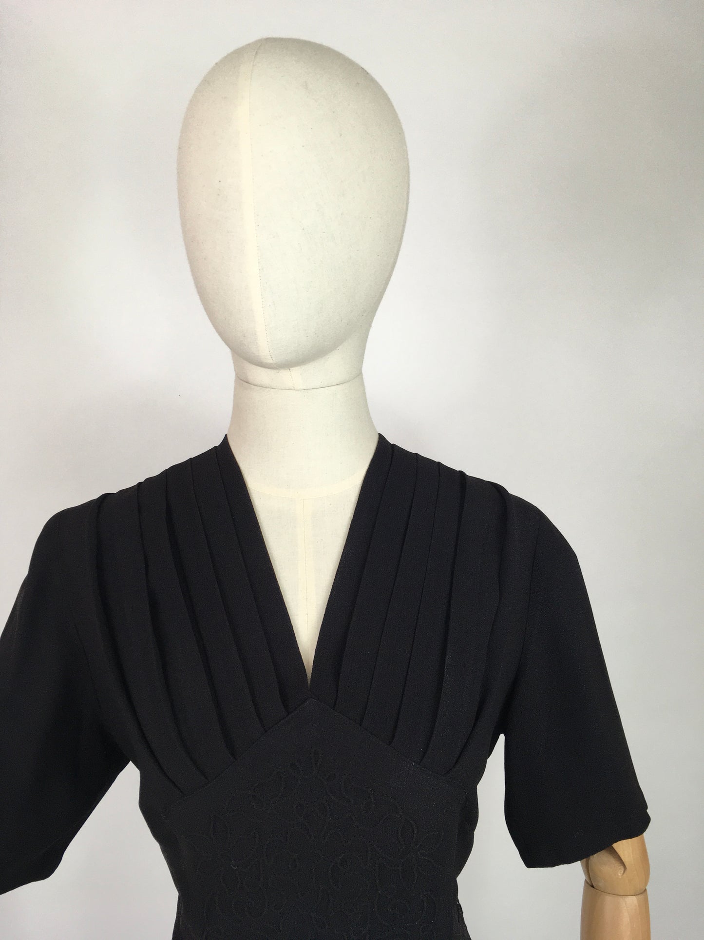 Original 1940’s Black Crepe Dress - With a Lovely Soutache Waist Panel Detailing