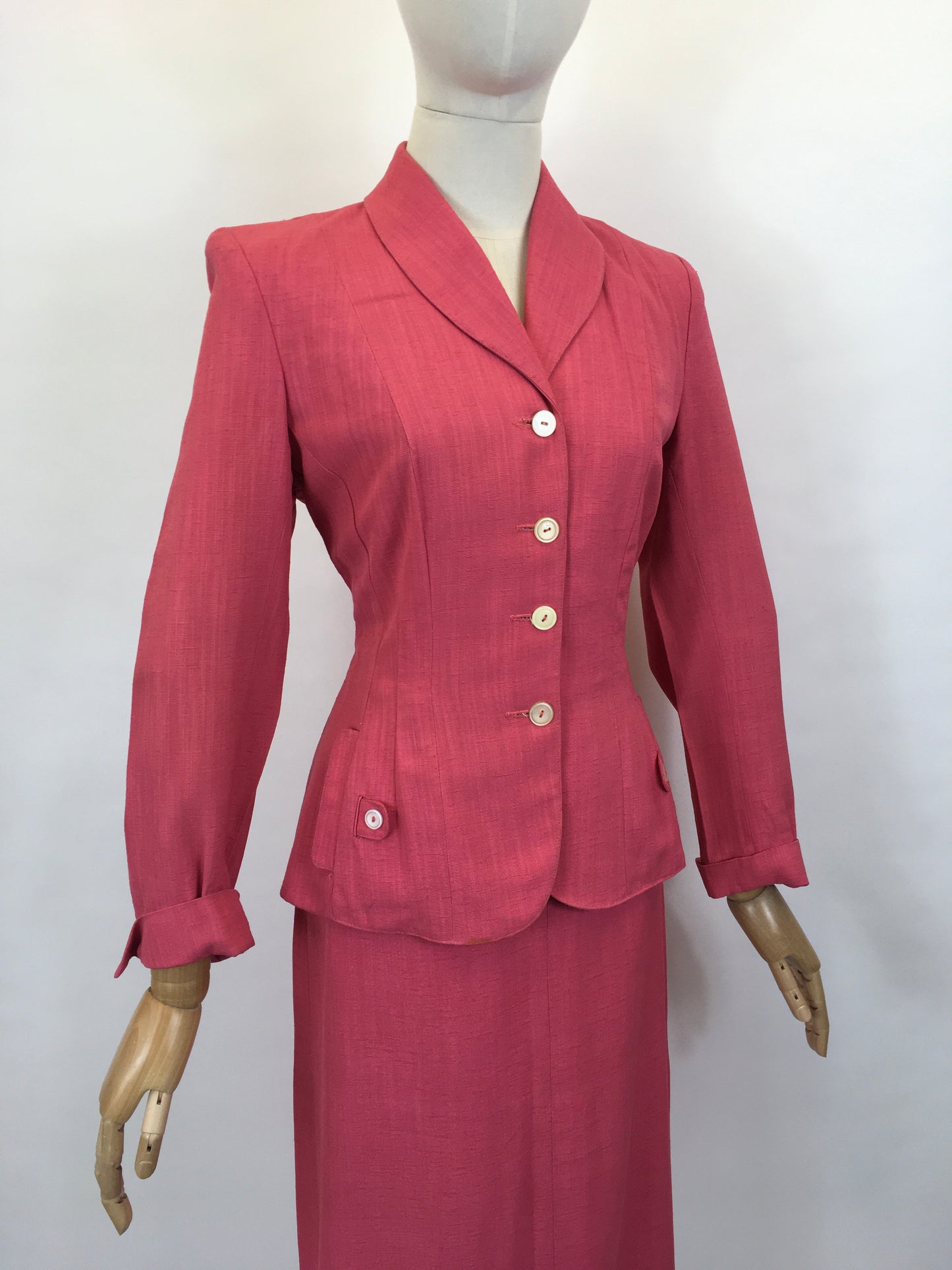 Original 1940’s Fabulous Bubblegum Pink 2pc Suit - In A Gorgeous Linen Fabric
