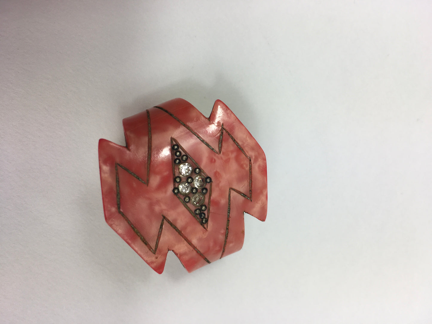 Original 1930’s Art Deco Celluloid Scarf Ring - In A Beautiful Coral Colouring With Paste Detailing