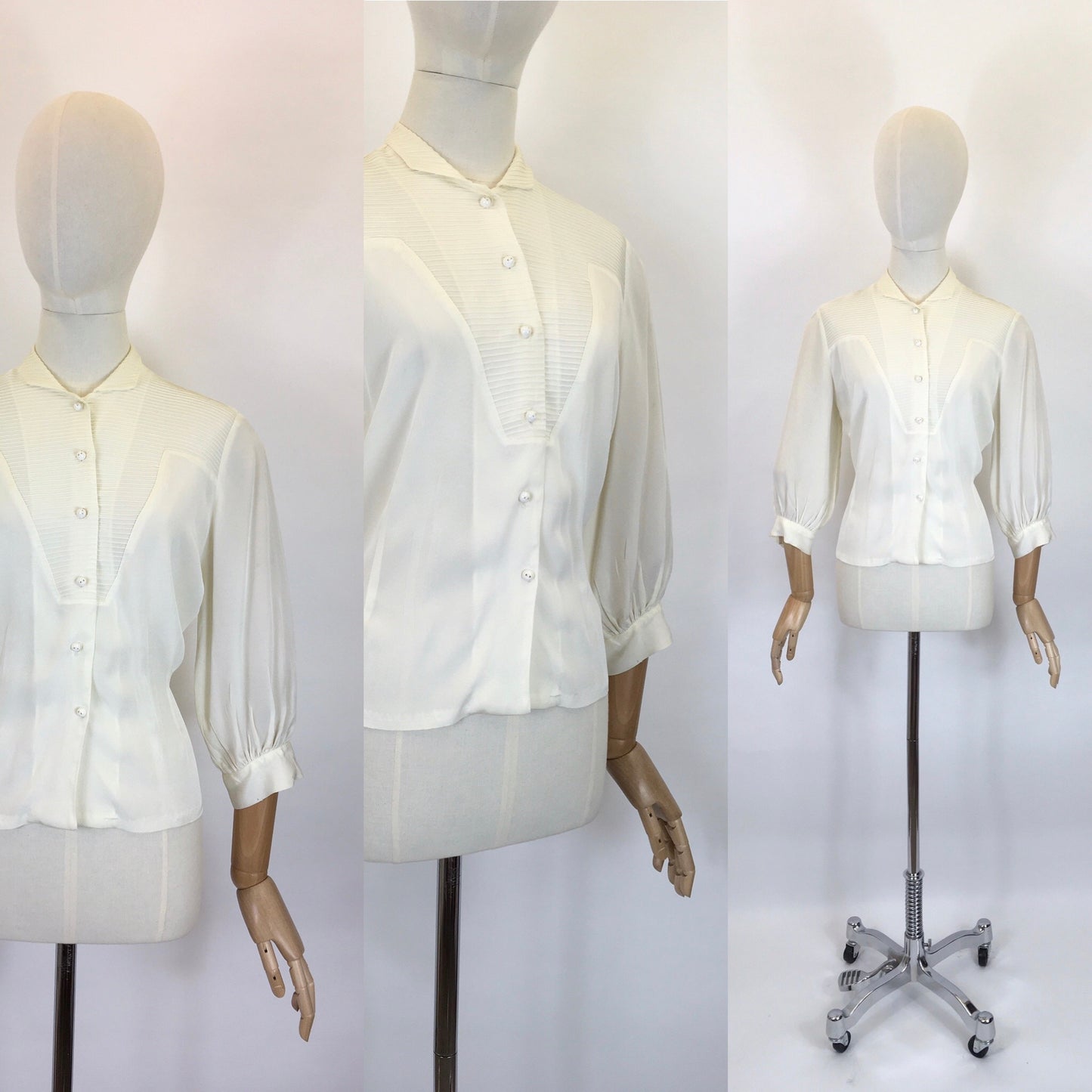 Original Late 1940’s Cream Blouse - With Lovely Pleated Detailing To The Bodice