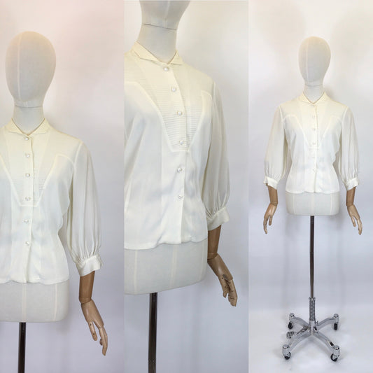 Original Late 1940’s Cream Blouse - With Lovely Pleated Detailing To The Bodice