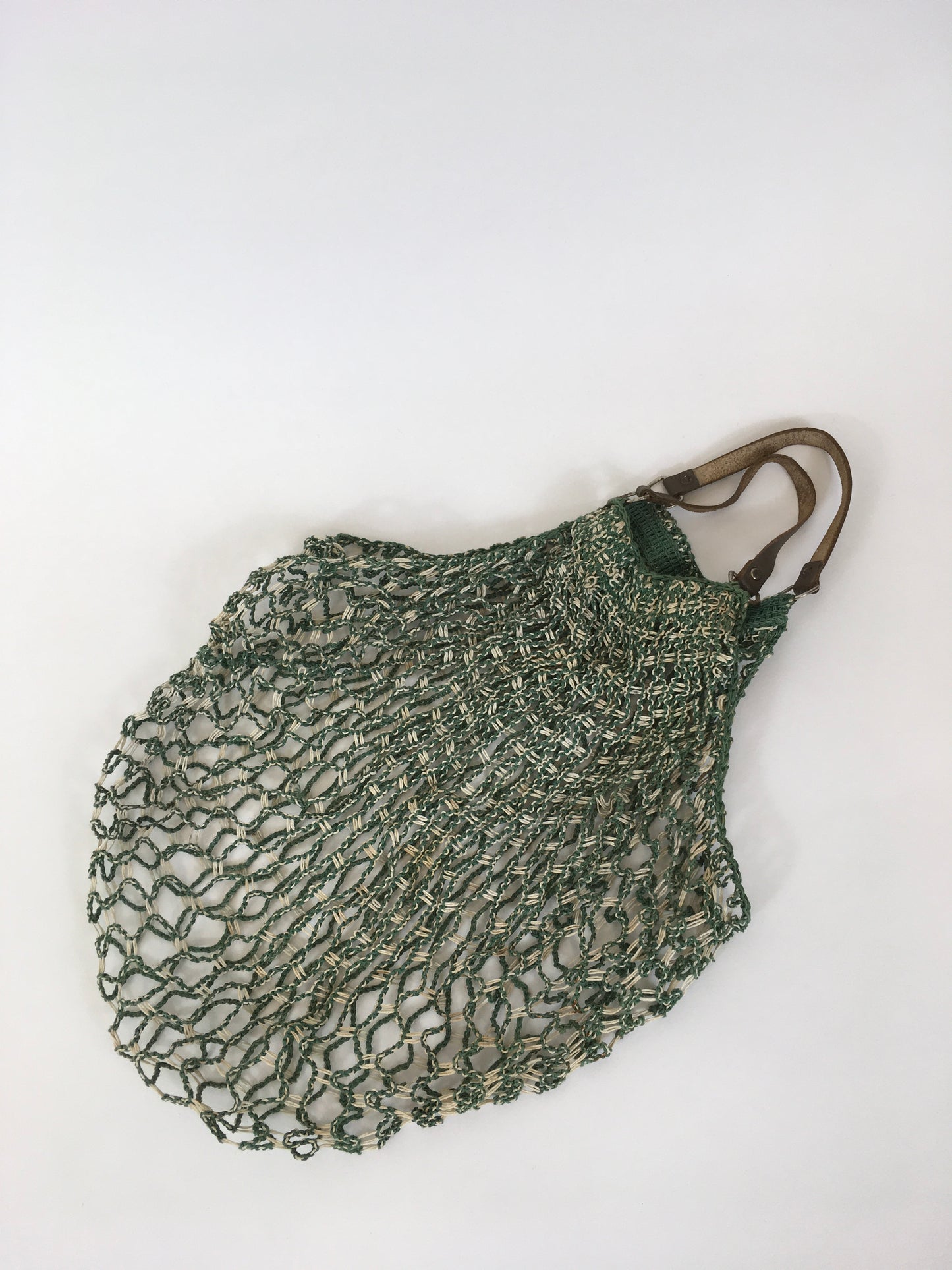 Original 1930’s / 1940’s String Bag with Leather Handles - In Green & White
