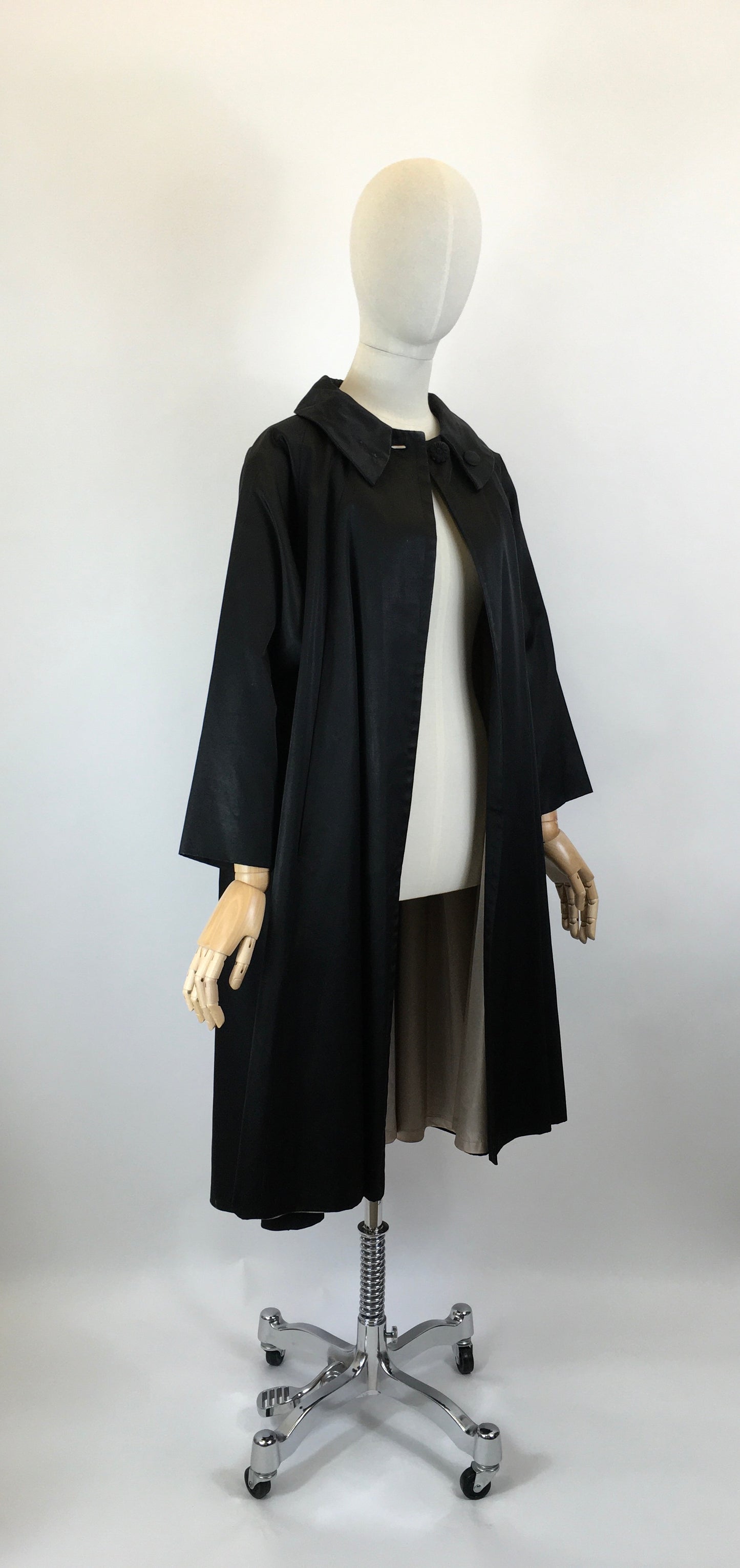 Original 1950’s Stunning Black Evening Coat - In A Lush Noir Sateen