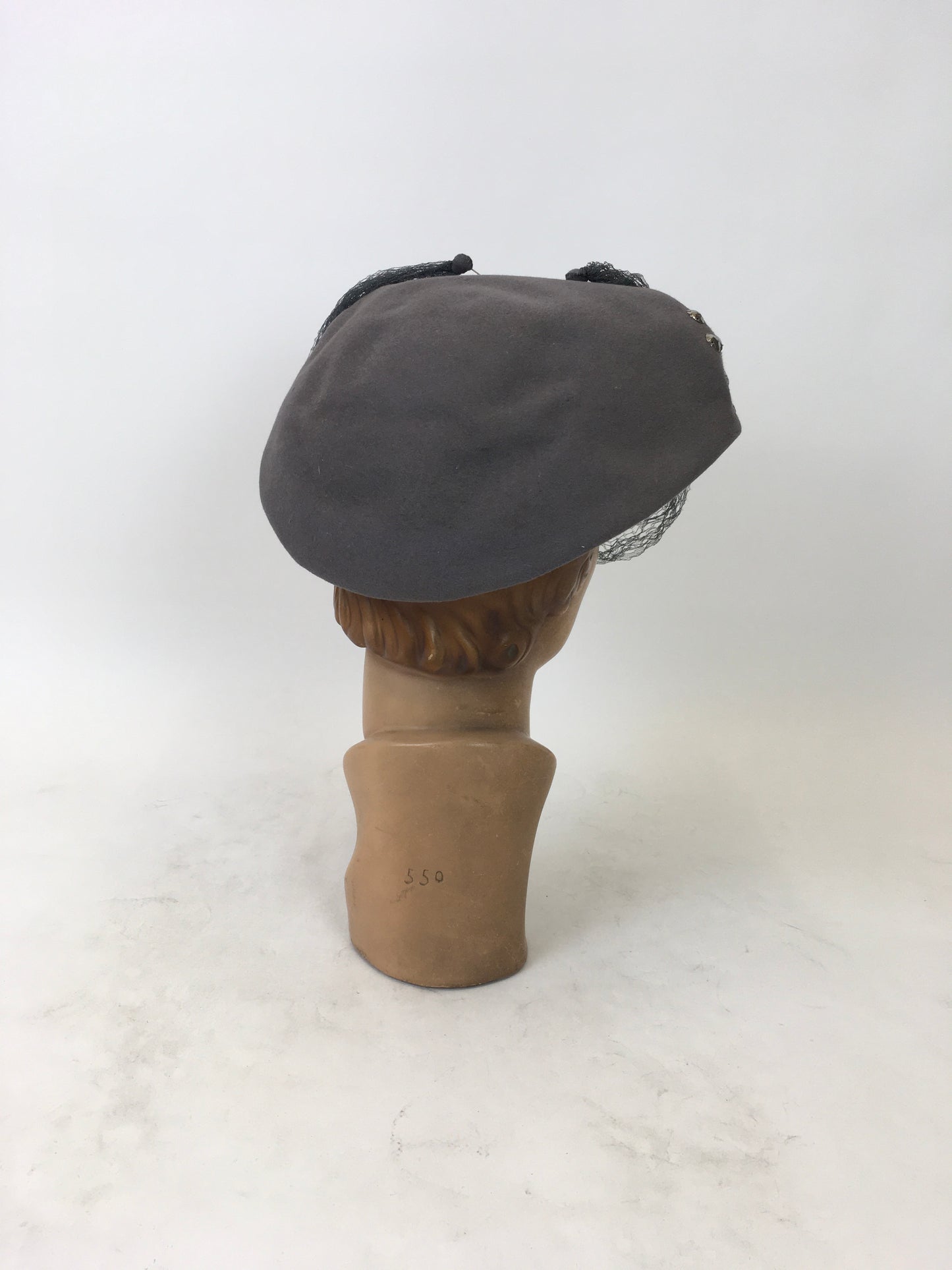 Original 1940's Stunning Studded Hat with Veiling - In A Powdered Grey
