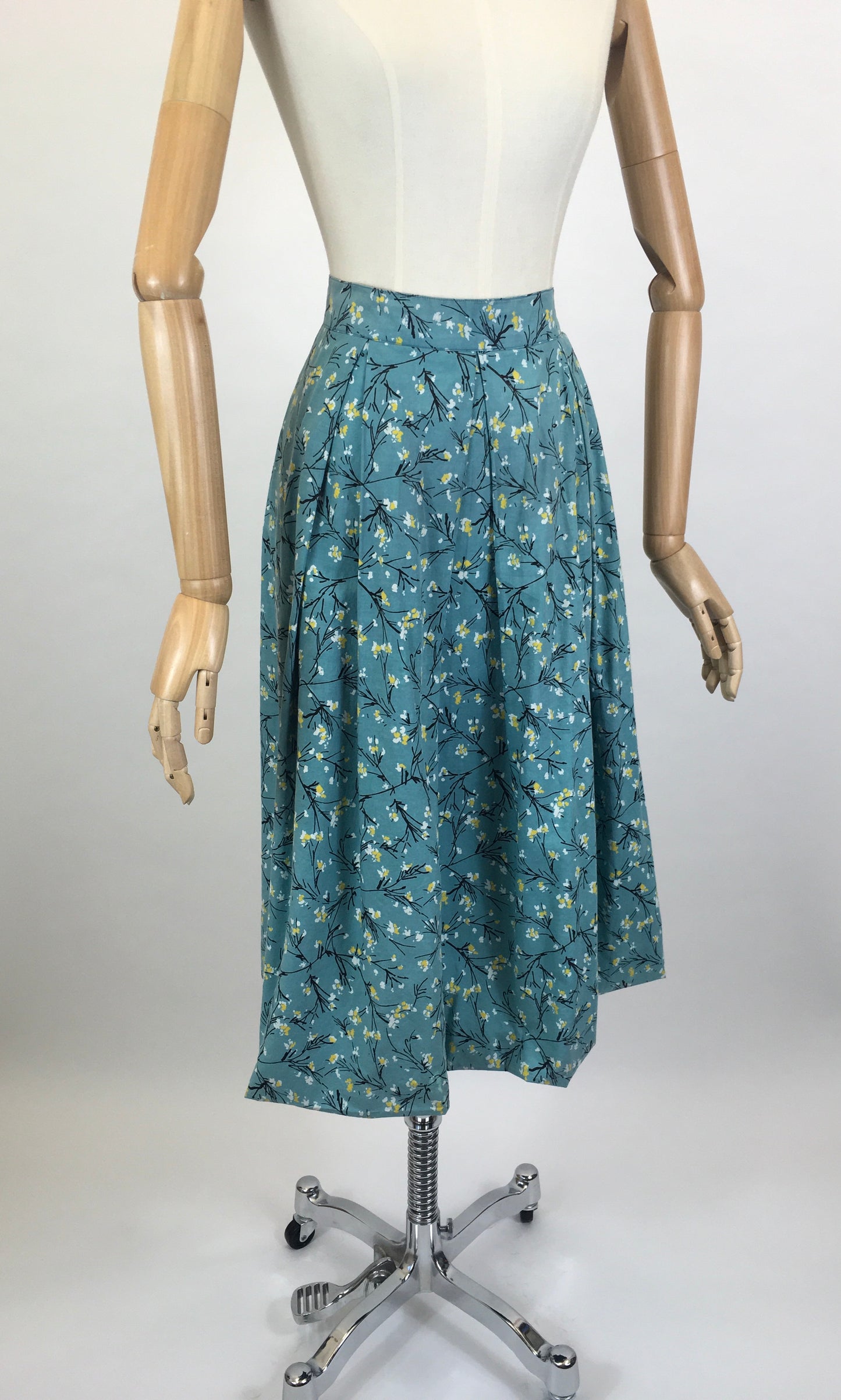 Original 1950’s Homemade Cotton Skirt - In A Lovely Blue, Yellow & Black Floral Print