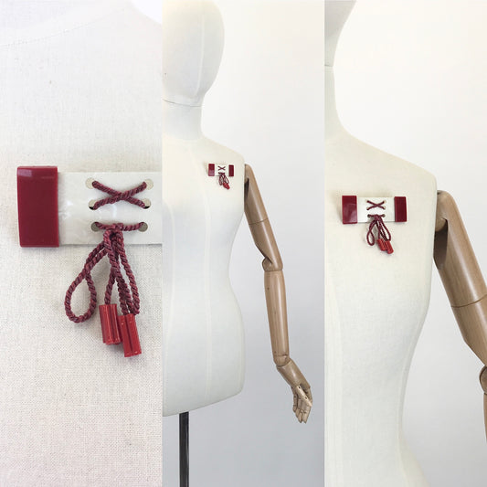 Original 1940's Stunning Celluloid Corset Brooch - With Red Lace Up
