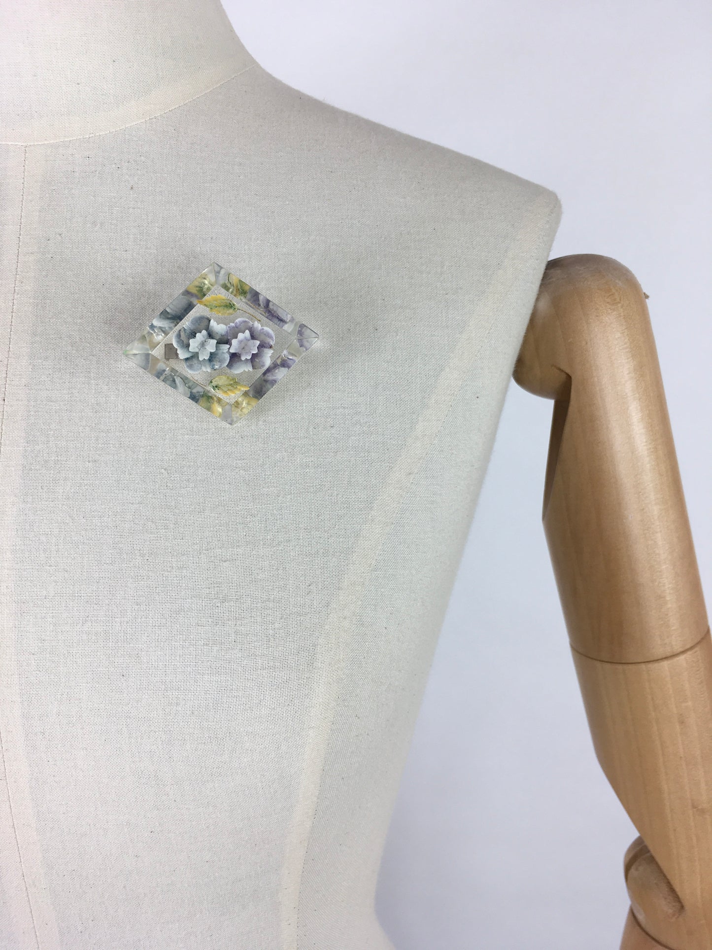 Original 1940s Reverse Carved Lucite Brooch - In A Lovely Powder Blue Floral