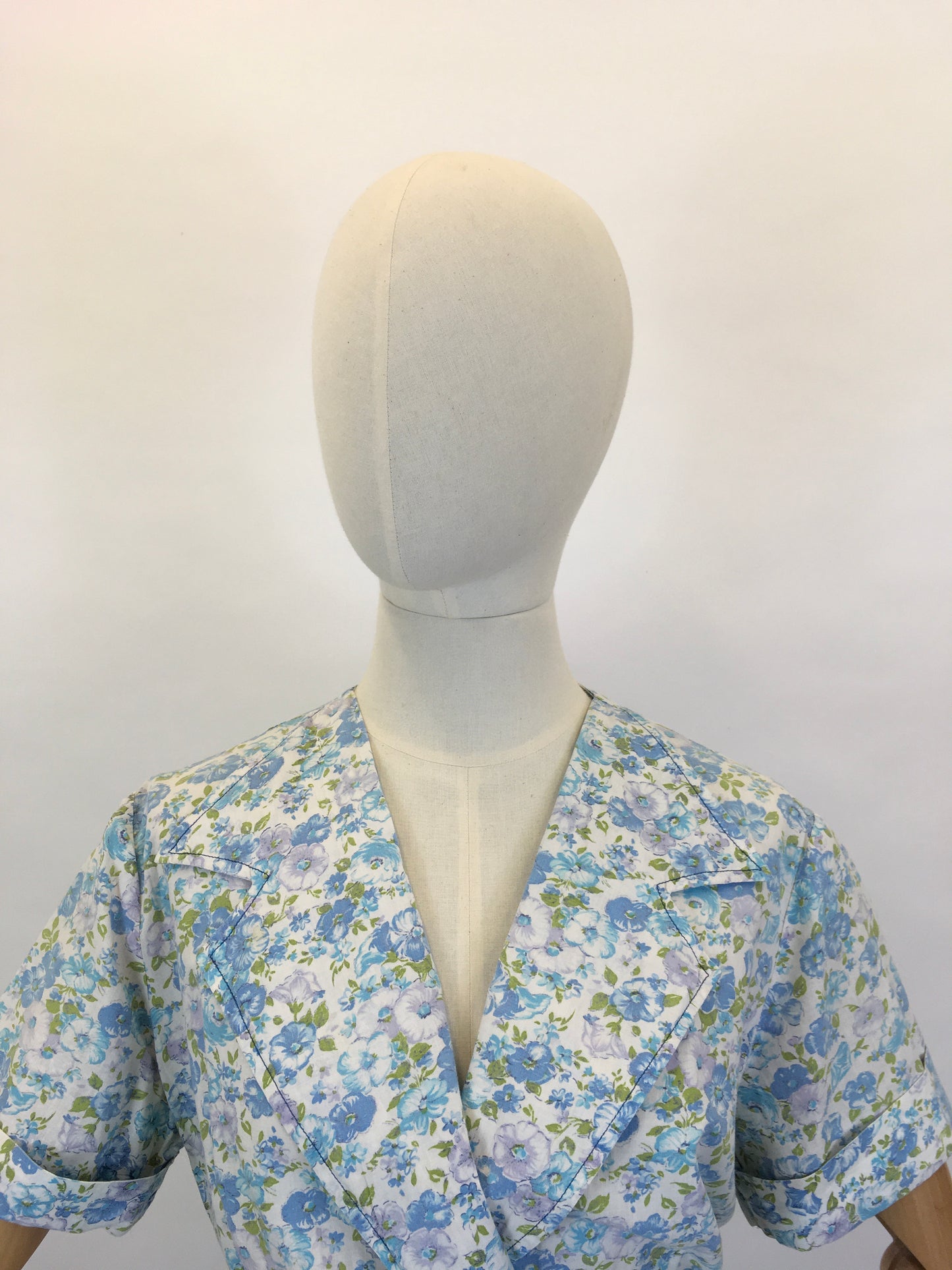 Original 1950’s Floral Cotton Wrap Dress - In A Blue, Green & White Colour Pallet