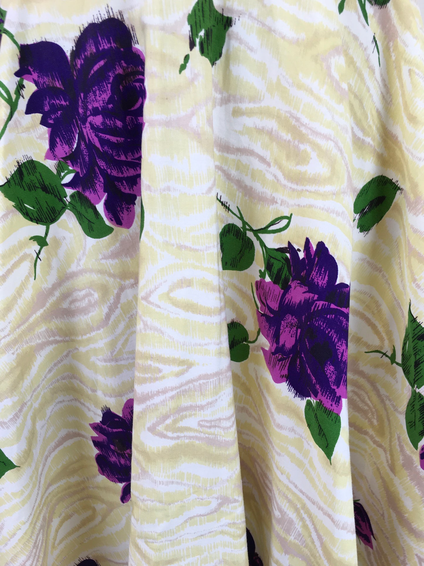 Original 1950s Darling Dress By ‘ Coopella’ - In a Lightweight Cotton In Yellow Swirls with Rich Purple Roses