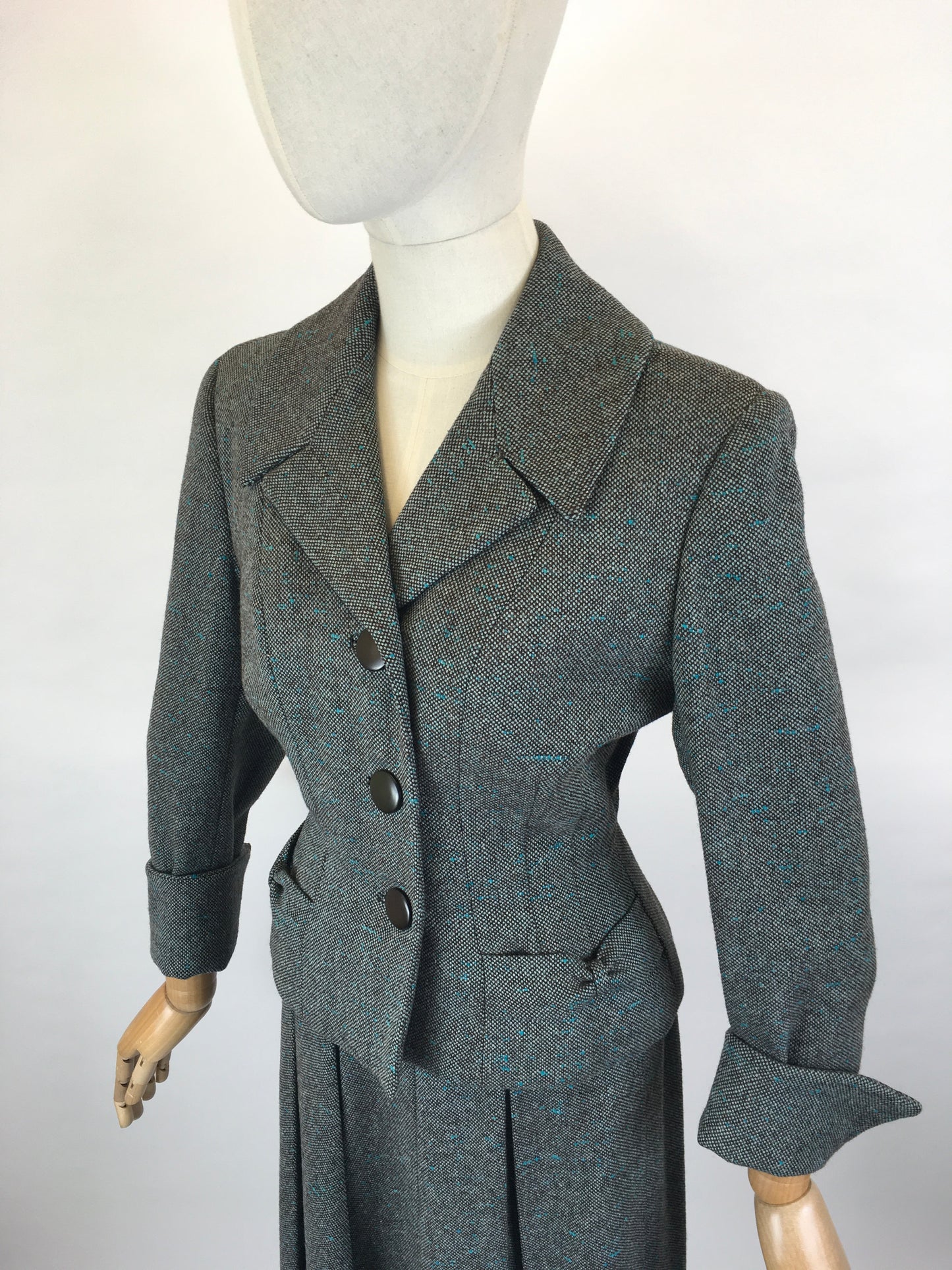 Original late 1940’s 2pc Woollen Suit by ‘ Harella’ - Grey Toned with a Bright Teal Fleck