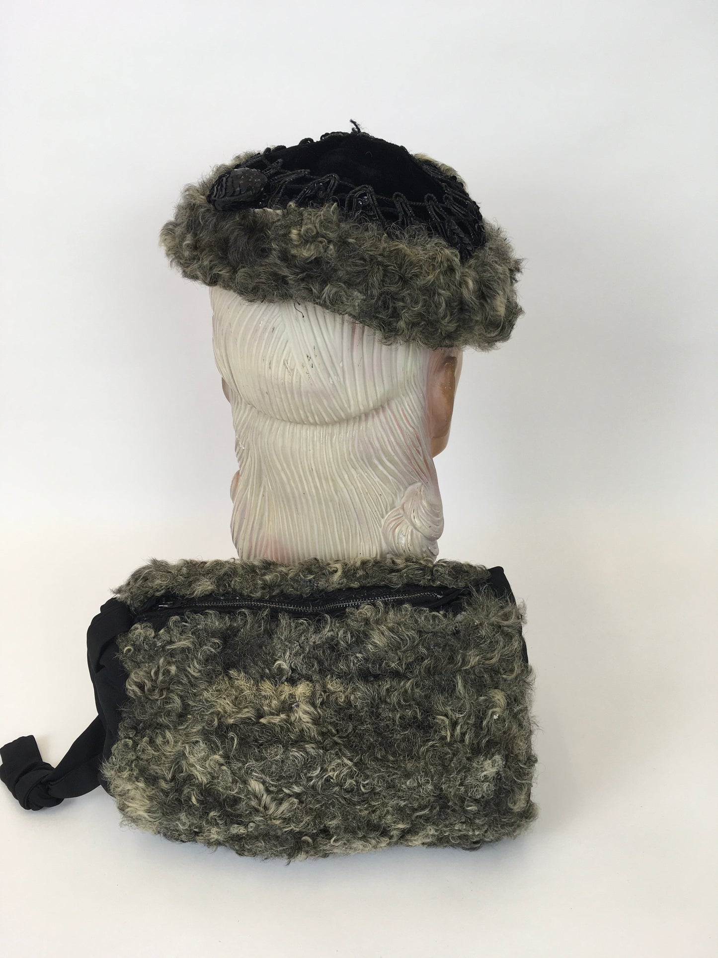 Original 1940s Gorgeous Hat & Muff 2pc Set - In a Lovely Grey Astrakhan and Black Velvet with Trim