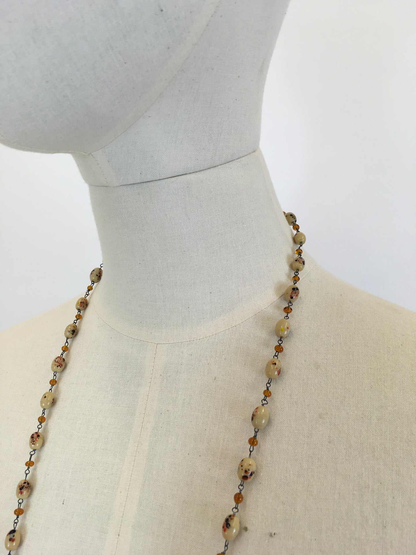 Original 1930’s Beautiful Glass Beaded Necklace - In Shades of Cream, Amber & Black Deco Beads