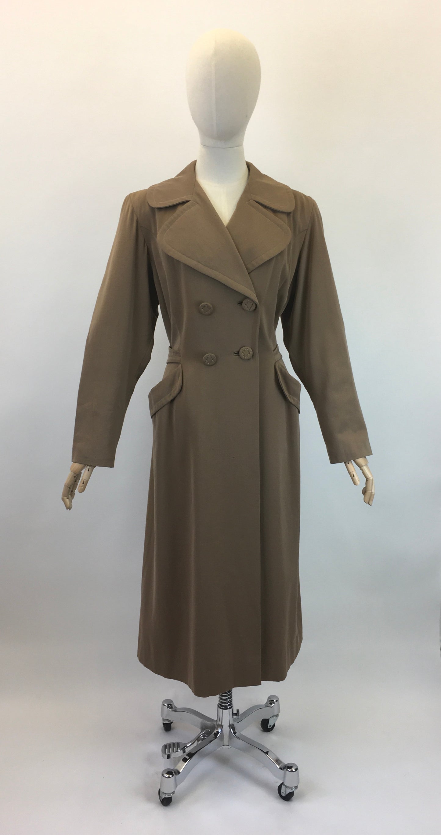 Original 1940's American Warm Taupe Gabardine Coat - With Stunning Pleated Back Detailing